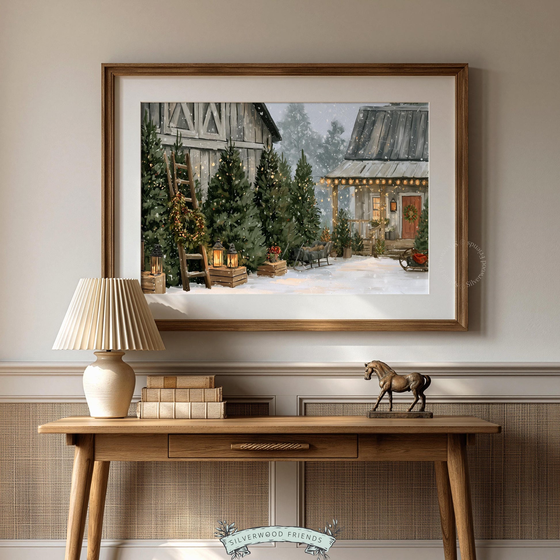 Snowy farmhouse painting wall art for bedroom — vintage Christmas tree farm with cozy barn and cottage lights