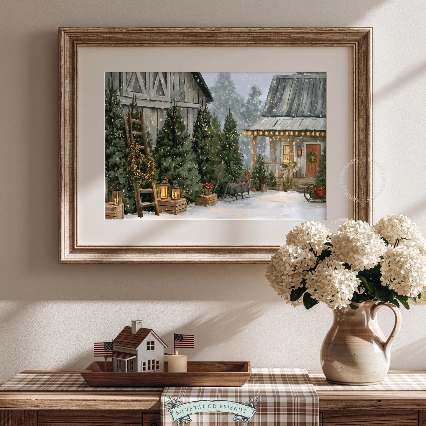 Pastoral Christmas artwork instant download — snowy farm landscape with barn, ladder, and festive evergreens