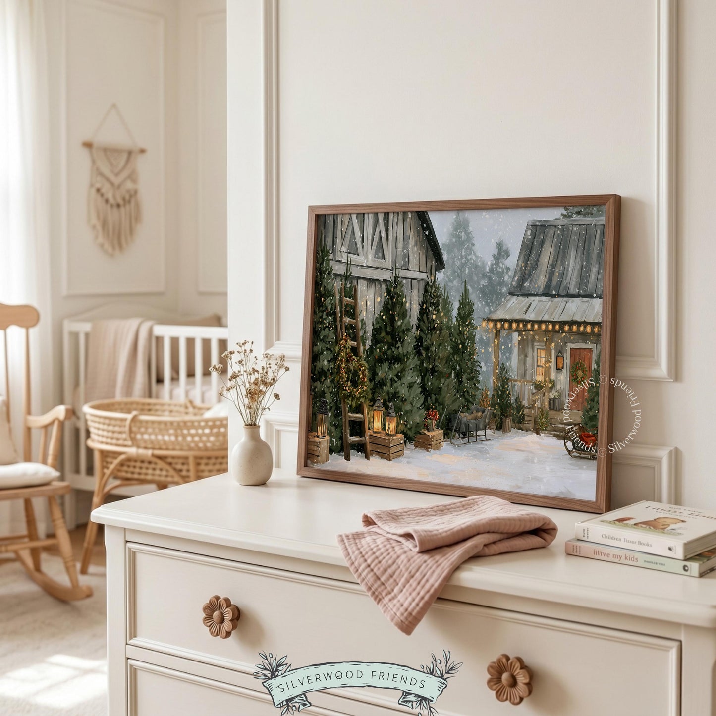 Holiday homestead painting printable for hallway — vintage wintry barnyard with soft glowing lights and texture