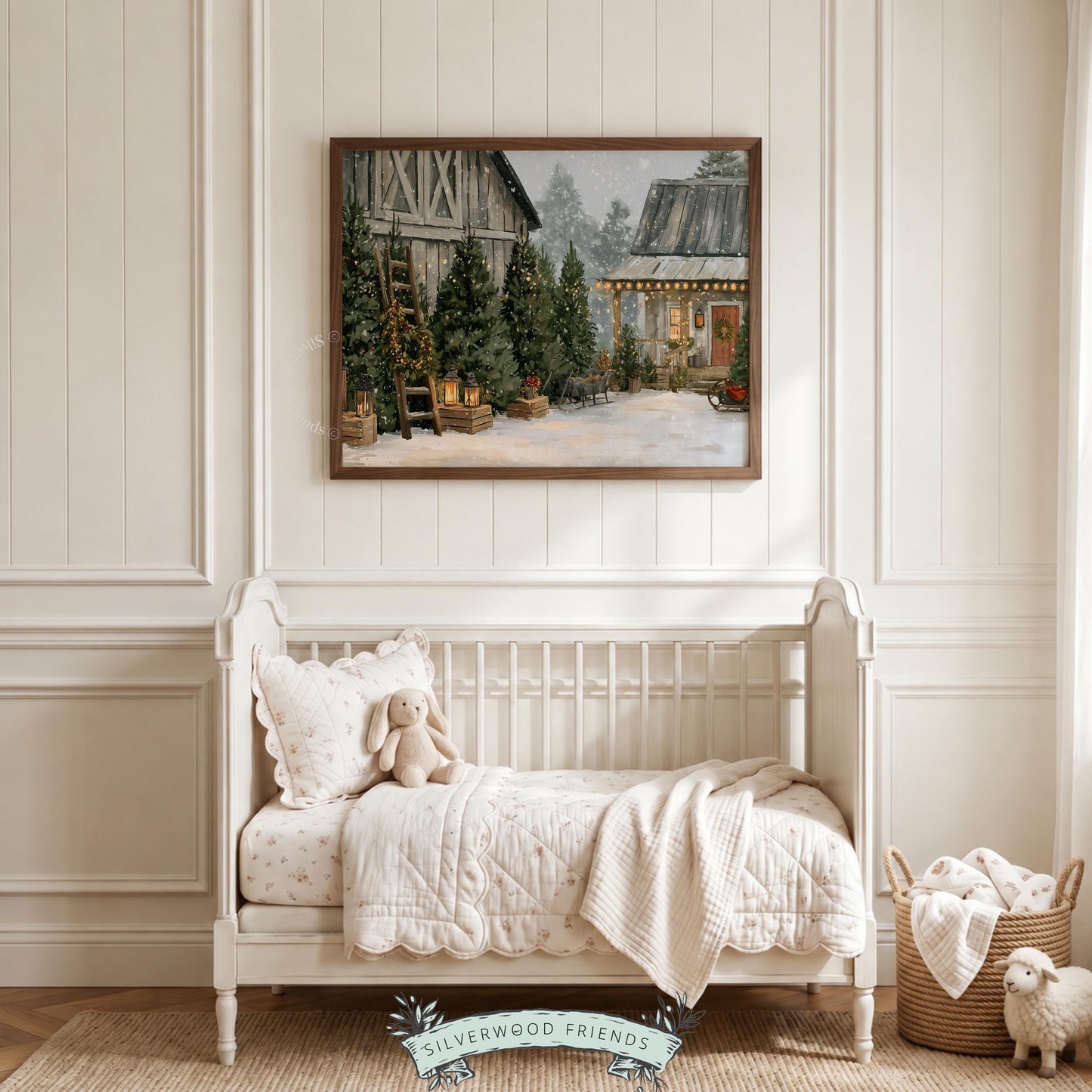 Rustic holiday homestead wall art for family room — evergreen orchard scene with vintage charm and falling snow