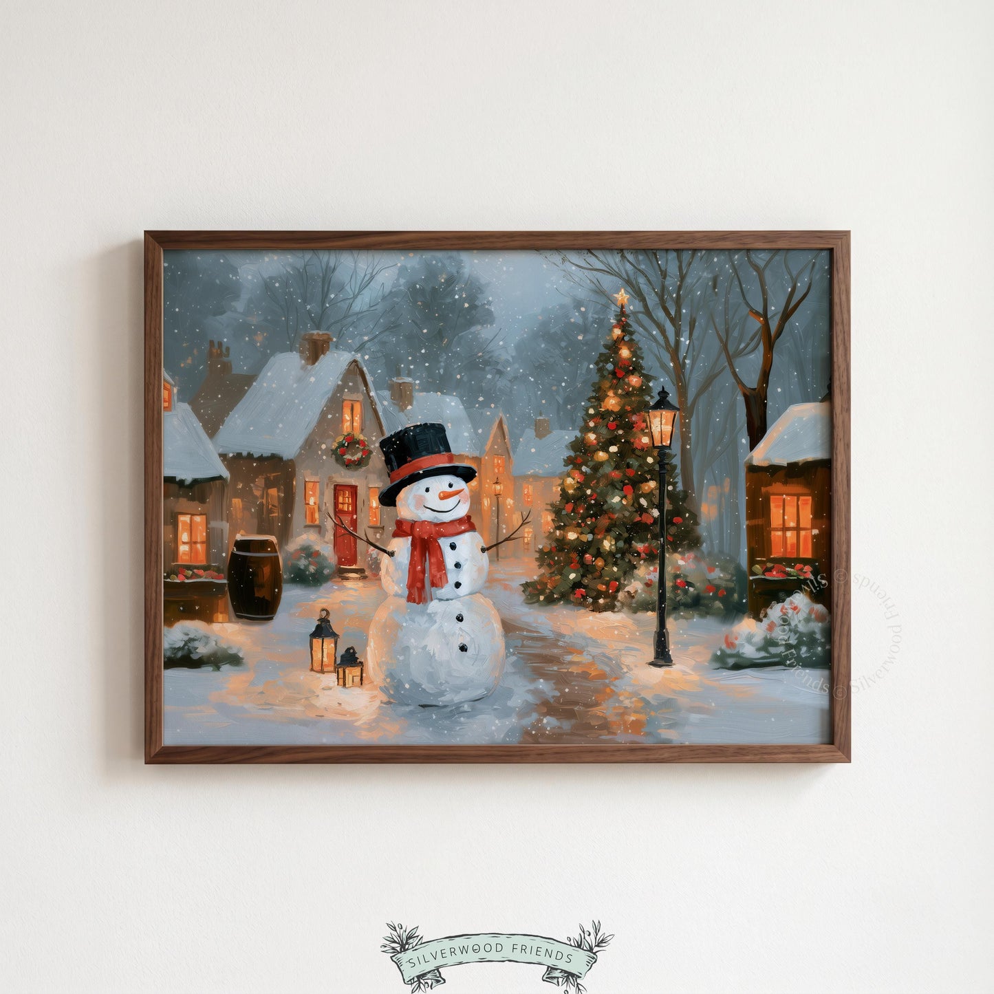 Rustic farmhouse Christmas print — cheerful winter landscape with glowing windows and decorated holiday scenery