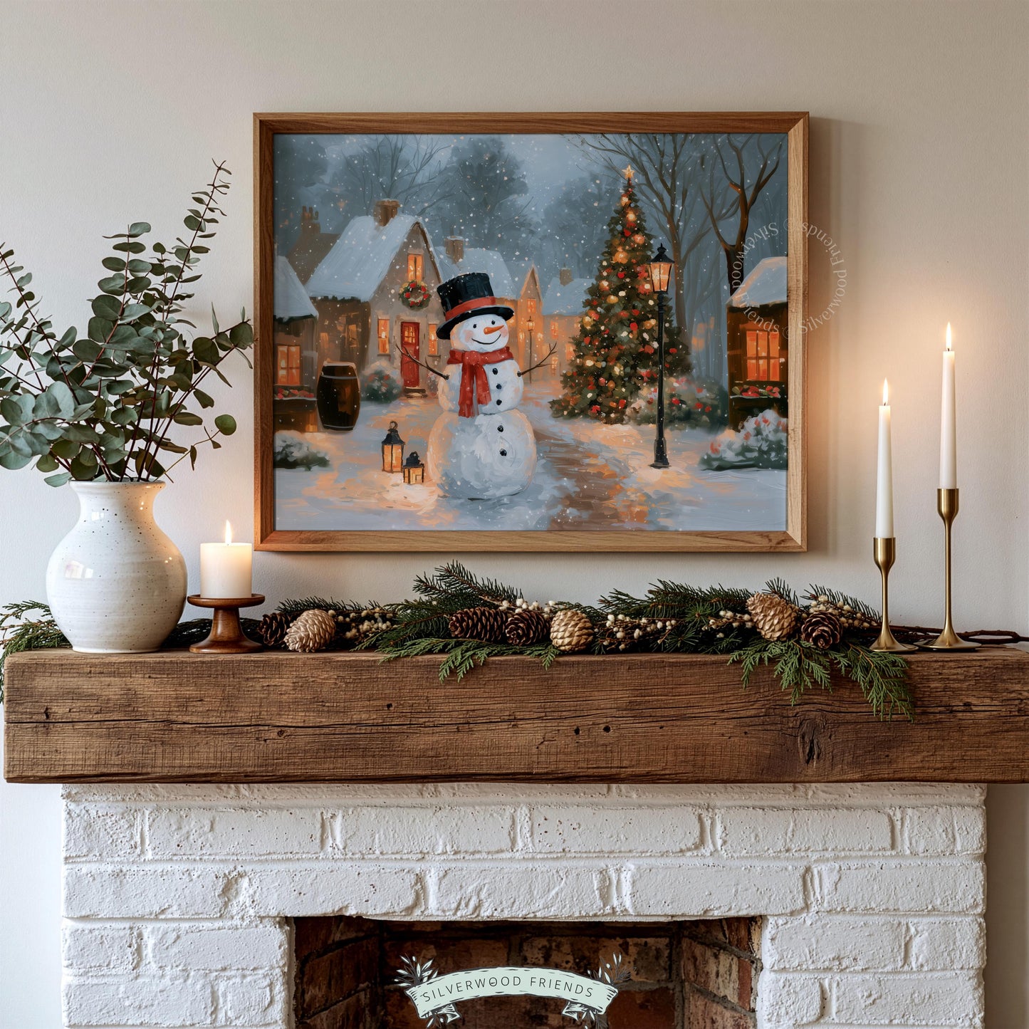 Vintage snowman poster for living room — cozy Christmas village scene with golden cottage lights and festive farmhouse charm