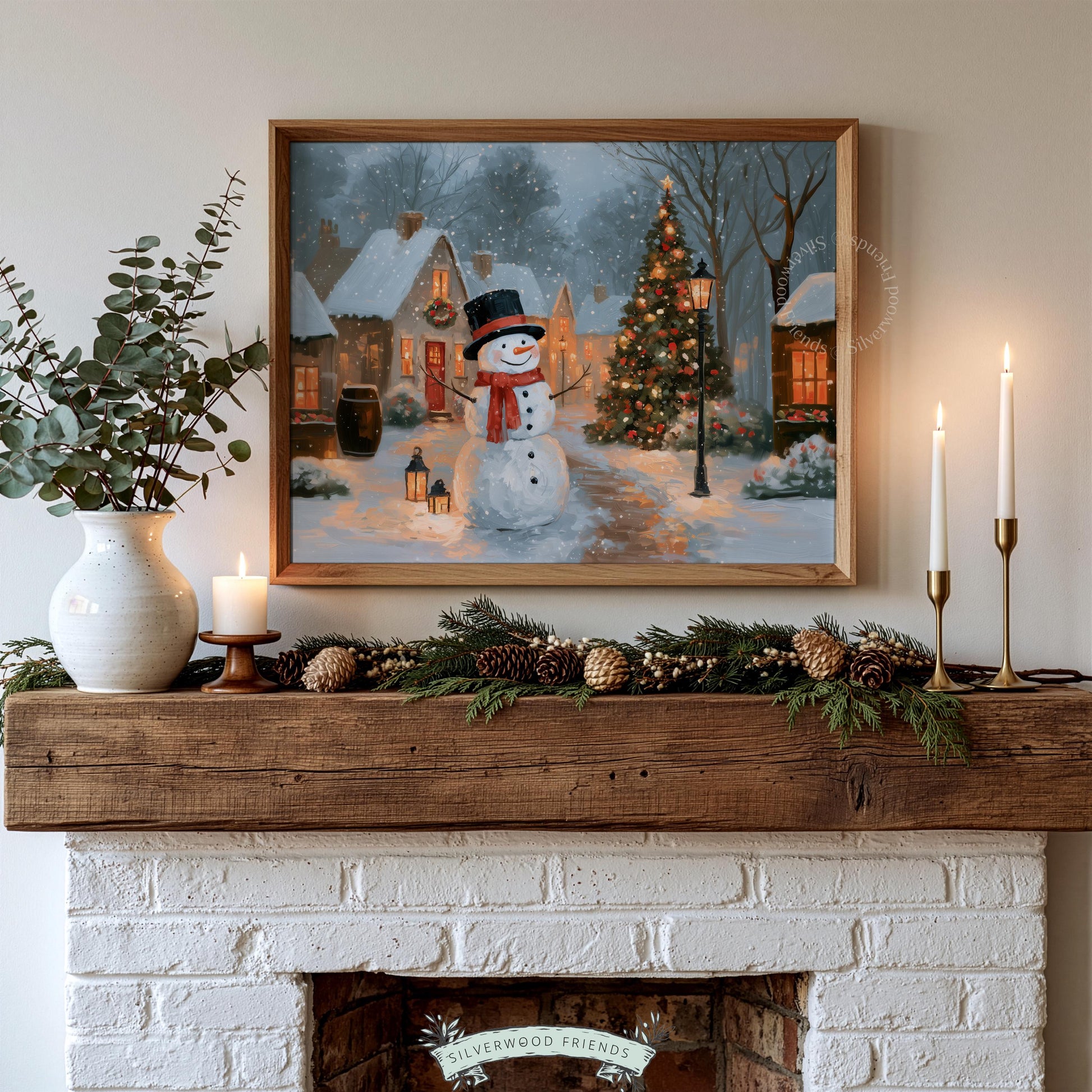 Vintage snowman poster for living room — cozy Christmas village scene with golden cottage lights and festive farmhouse charm