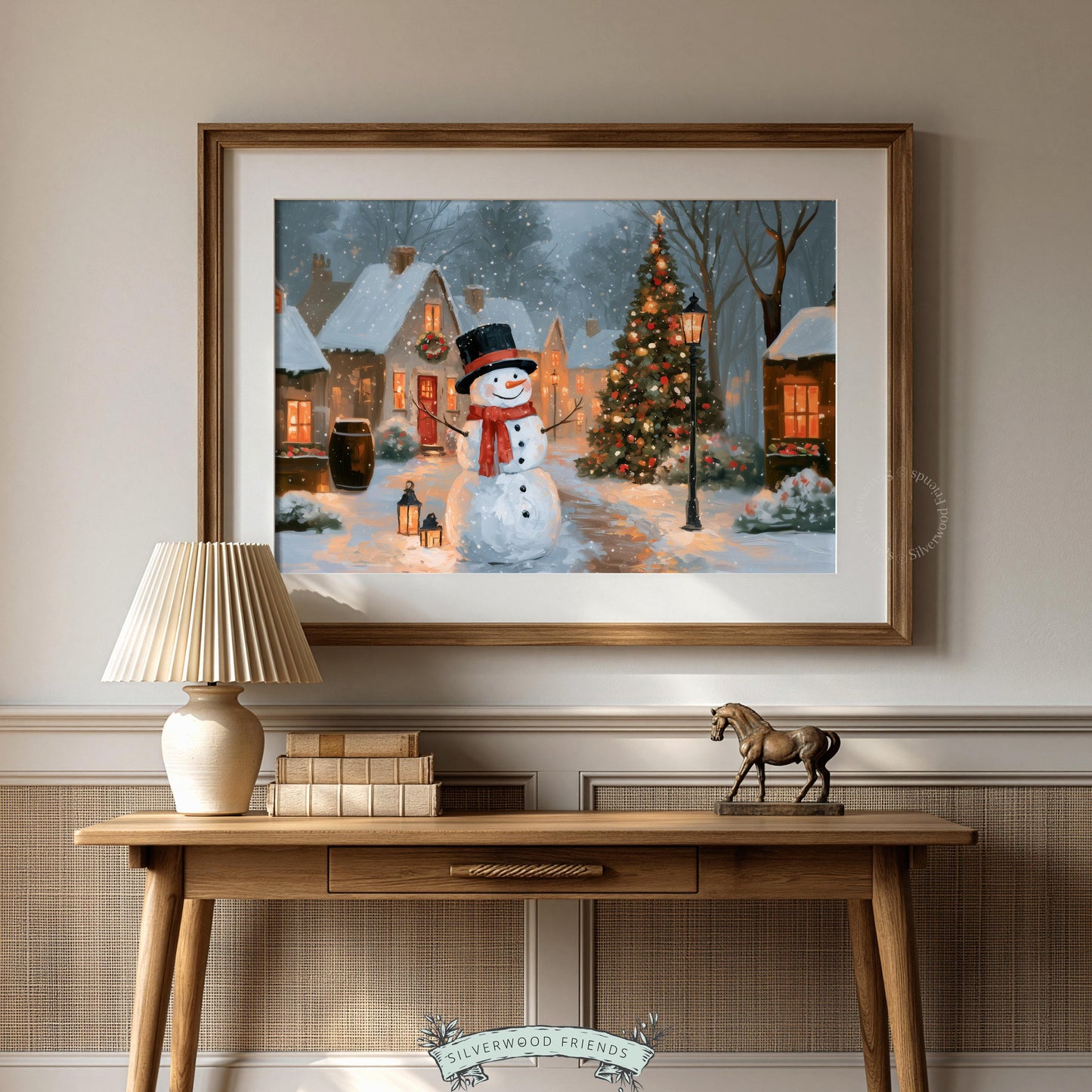 Holiday cottage scene wall art poster — cheerful snowman painting with decorated tree in quaint winter town