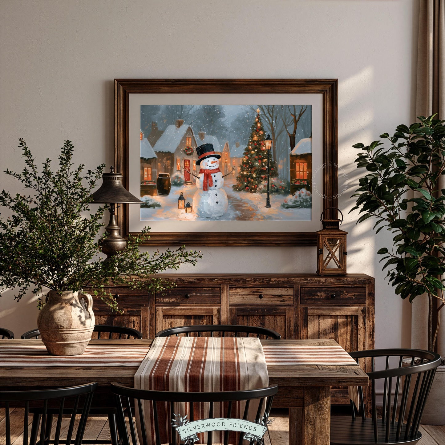 Warm Christmas digital print for living space — nostalgic snowman village artwork with golden lights and vintage appeal