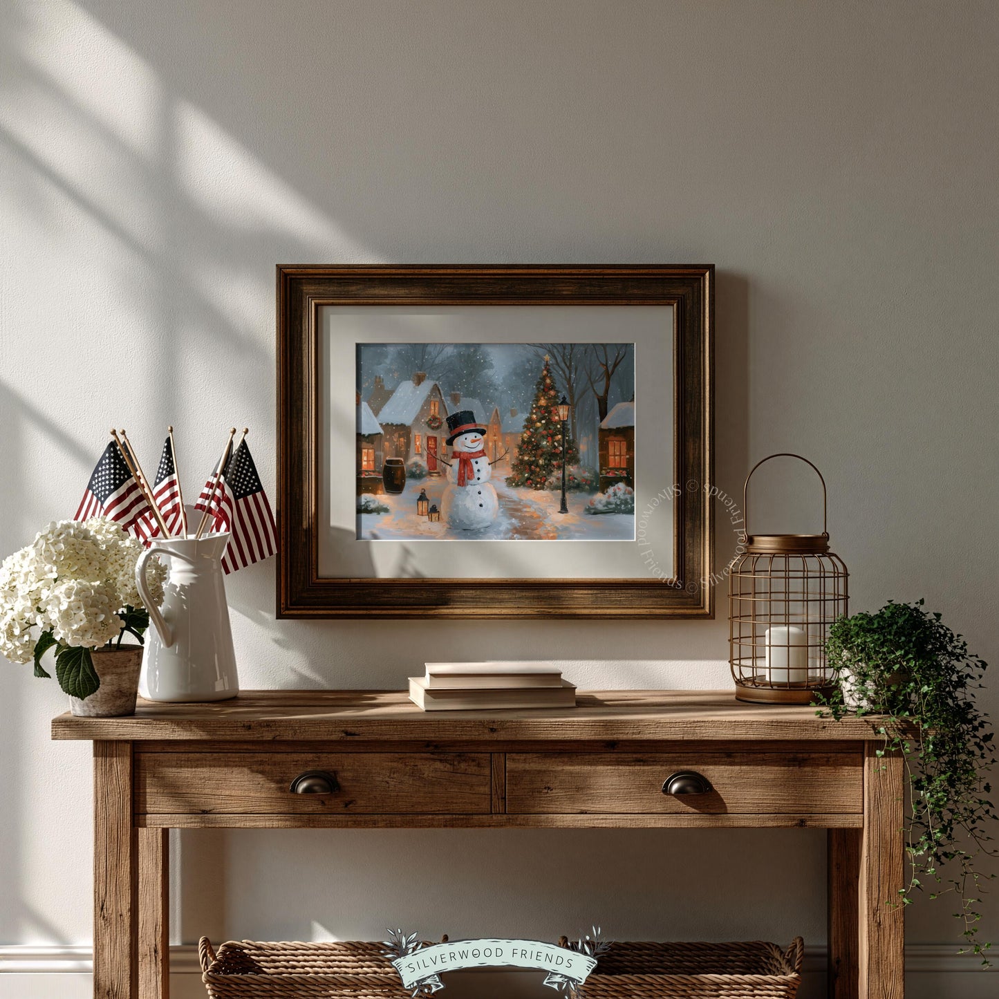 Charming winter Christmas artwork for gallery wall — snowman holding lantern surrounded by holiday village architecture