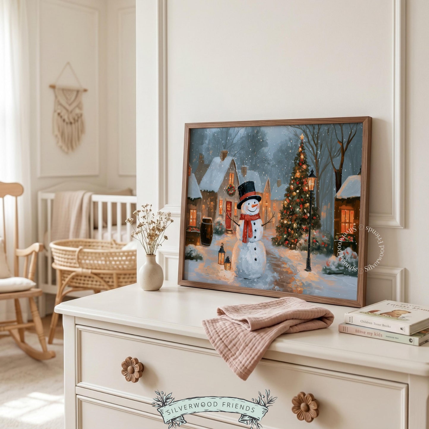 Vintage winter scene poster for den — golden-lit holiday cottage village with cheerful snowman character