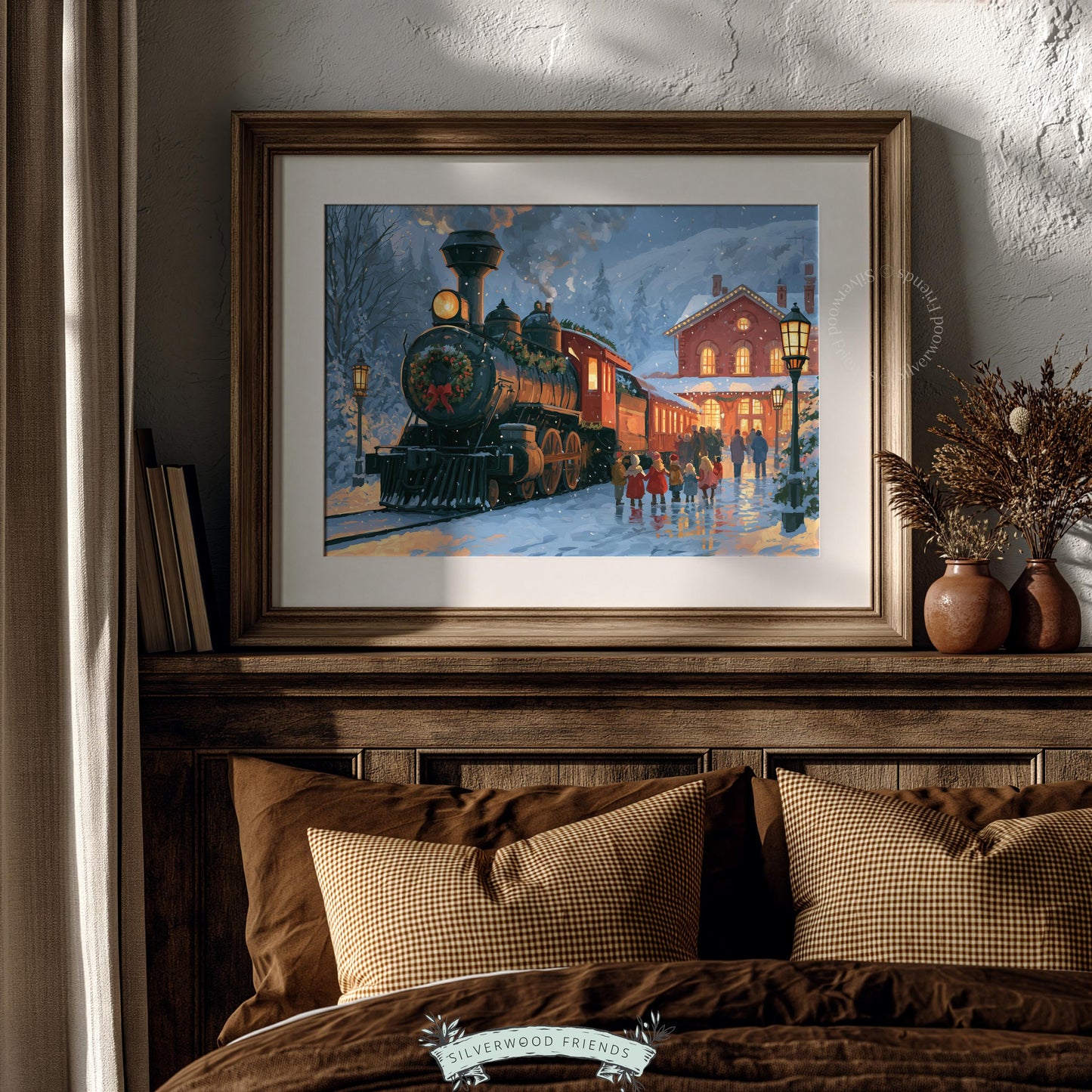 Holiday steam locomotive poster for basement — charming storybook artwork with soft textures and cool blue snowy tones