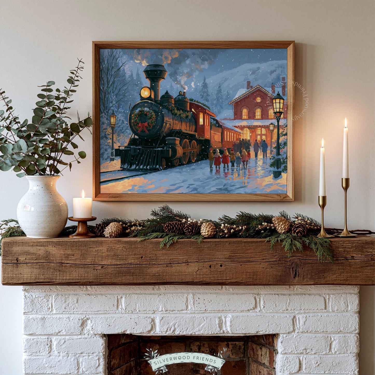 Christmas train station wall picture instant download — atmospheric holiday scene with blue snowy background and golden accents