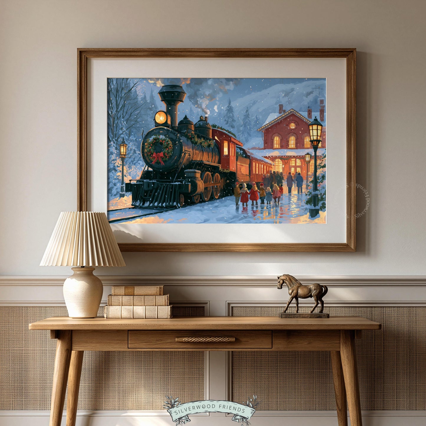 Christmas station scene picture for home office — festive vintage artwork showing classic engine with greenery and lanterns