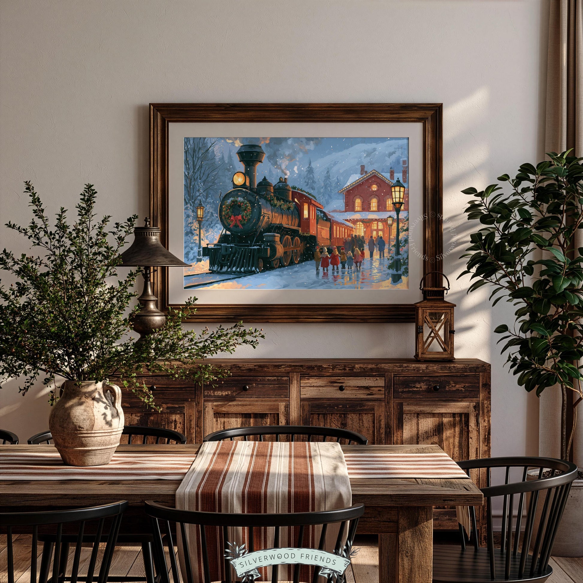 Nostalgic locomotive wall art instant download — cozy holiday illustration with children figures and snowy platform setting