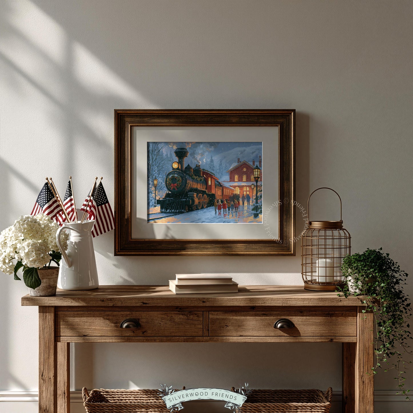 Cozy winter locomotive digital artwork for hallway — festive scene painted in warm colors with snowy landscape and figures
