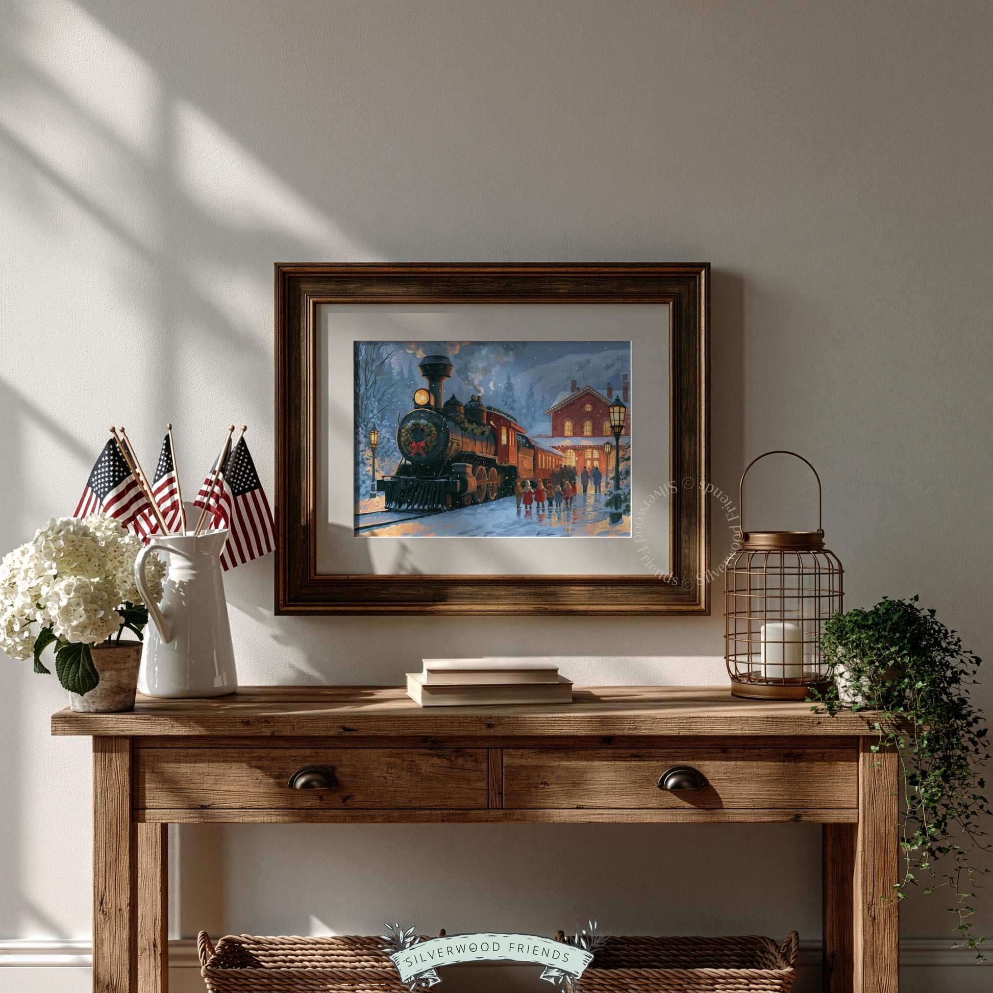 Cozy winter locomotive digital artwork for hallway — festive scene painted in warm colors with snowy landscape and figures