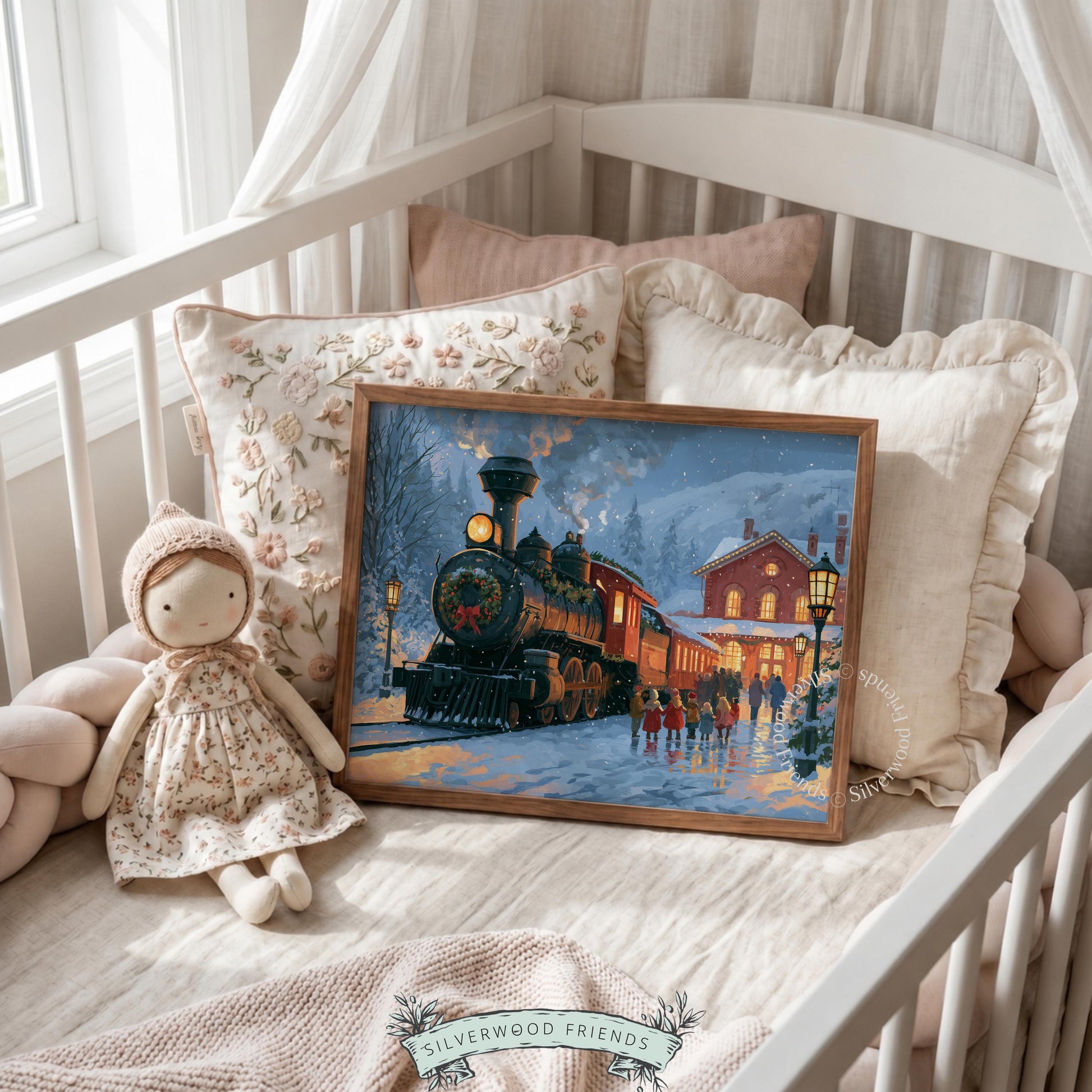 Vintage holiday locomotive poster printable — nostalgic Christmas painting with street lamps illuminating snow-covered ground