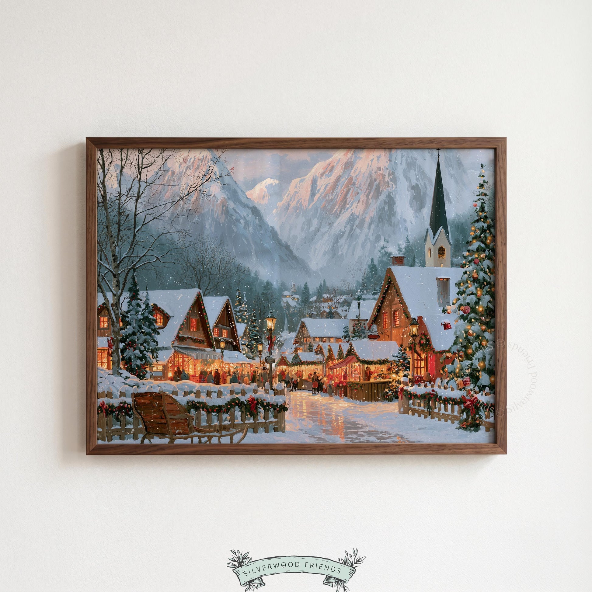 Winter landscape artwork for holiday hosting — charming mountain village with warm-lit cottages and classic seasonal atmosphere