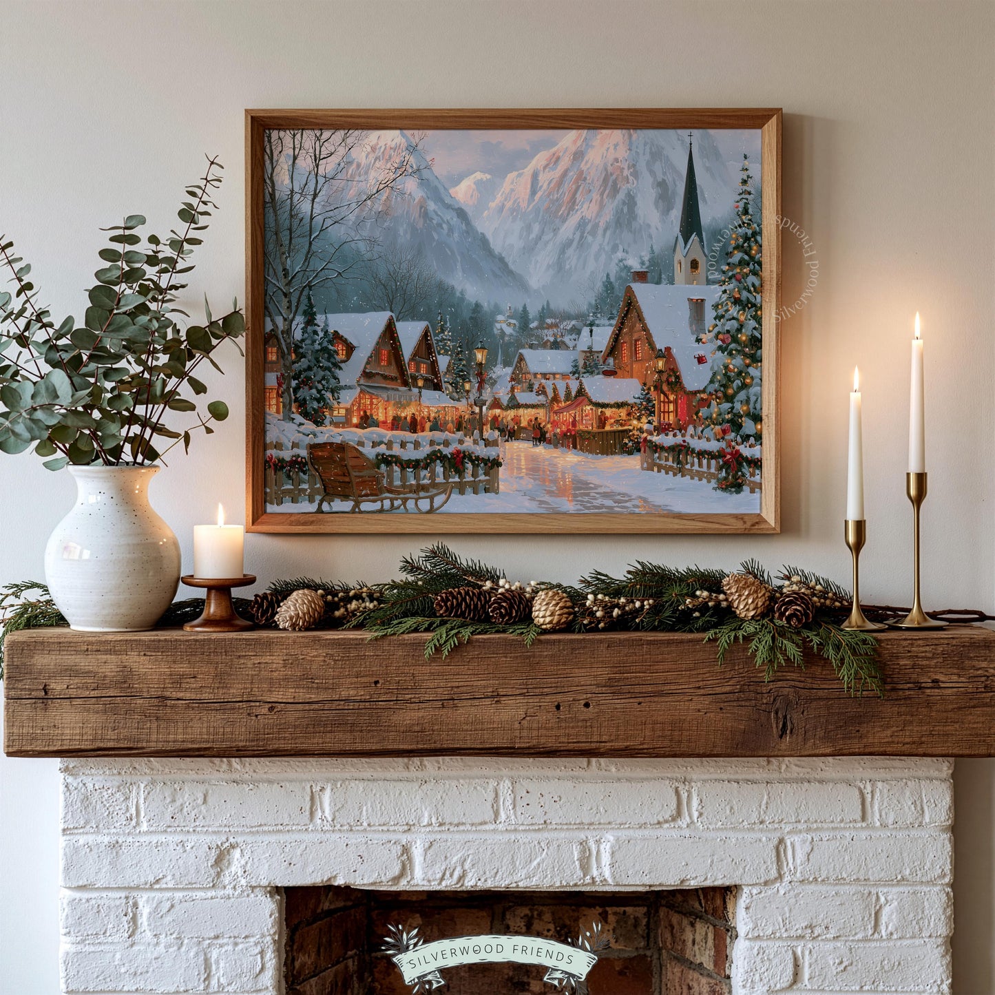 Mountain chalet picture wall art for bedroom — cozy winter scene with decorated trees and church steeple in soft warm tones