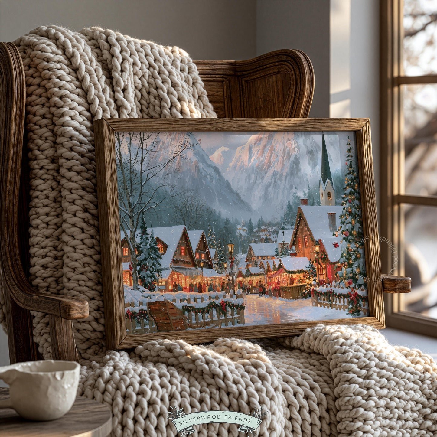 Christmas sleigh scene digital artwork for dining room — snowy landscape painting with village glow, mountains, and classic holiday mood