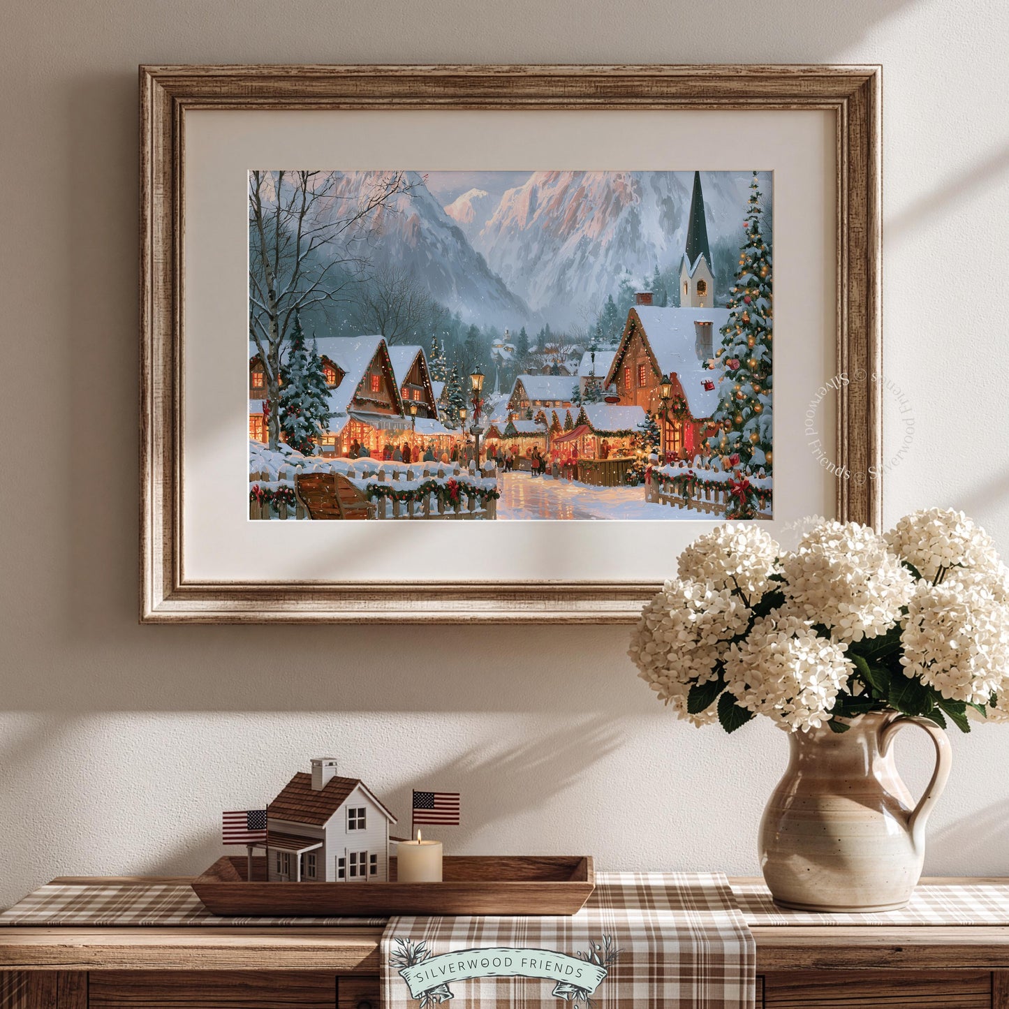 Peaceful alpine Christmas artwork for gallery wall — romantic European village beneath dramatic peaks with soft warm seasonal palette
