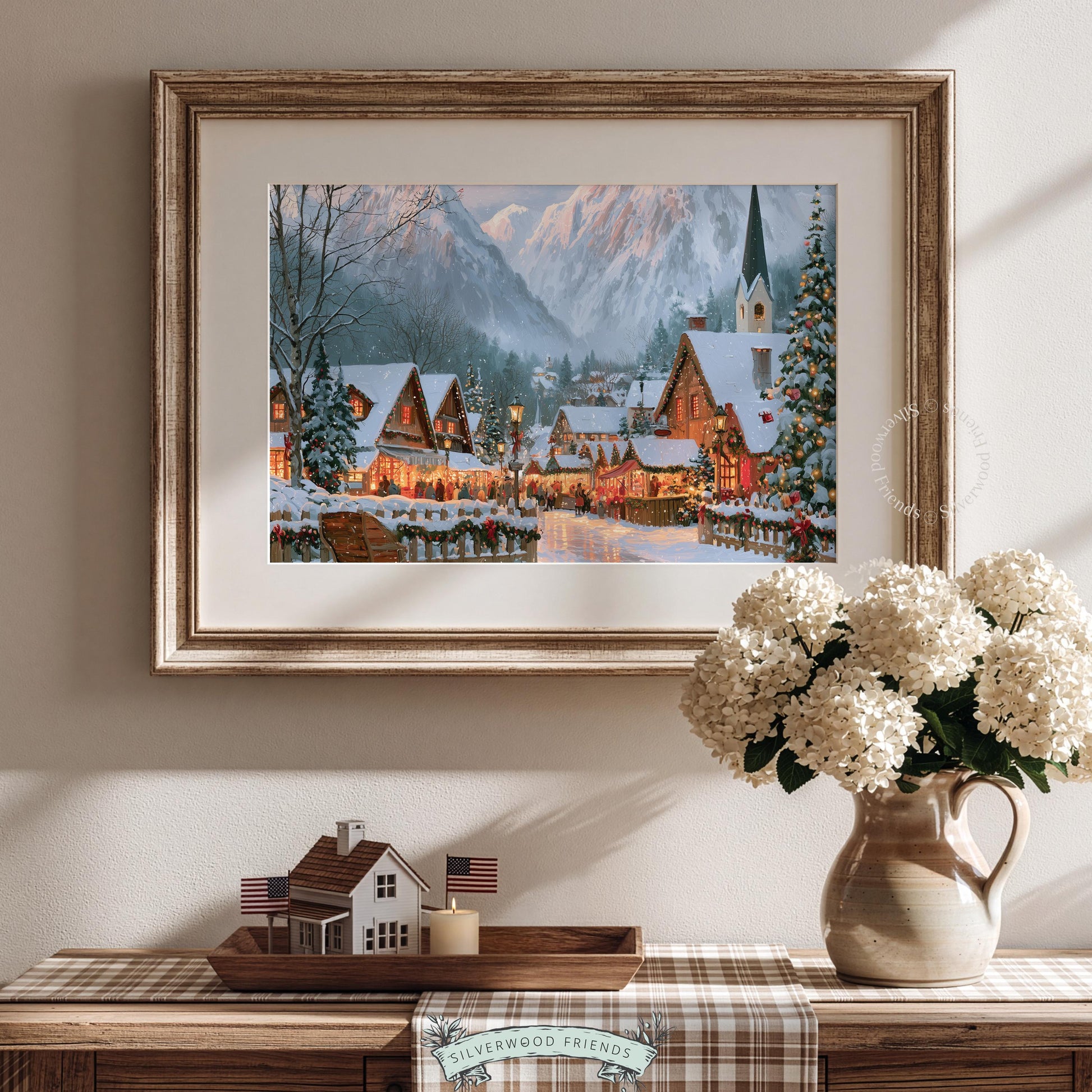 Peaceful alpine Christmas artwork for gallery wall — romantic European village beneath dramatic peaks with soft warm seasonal palette