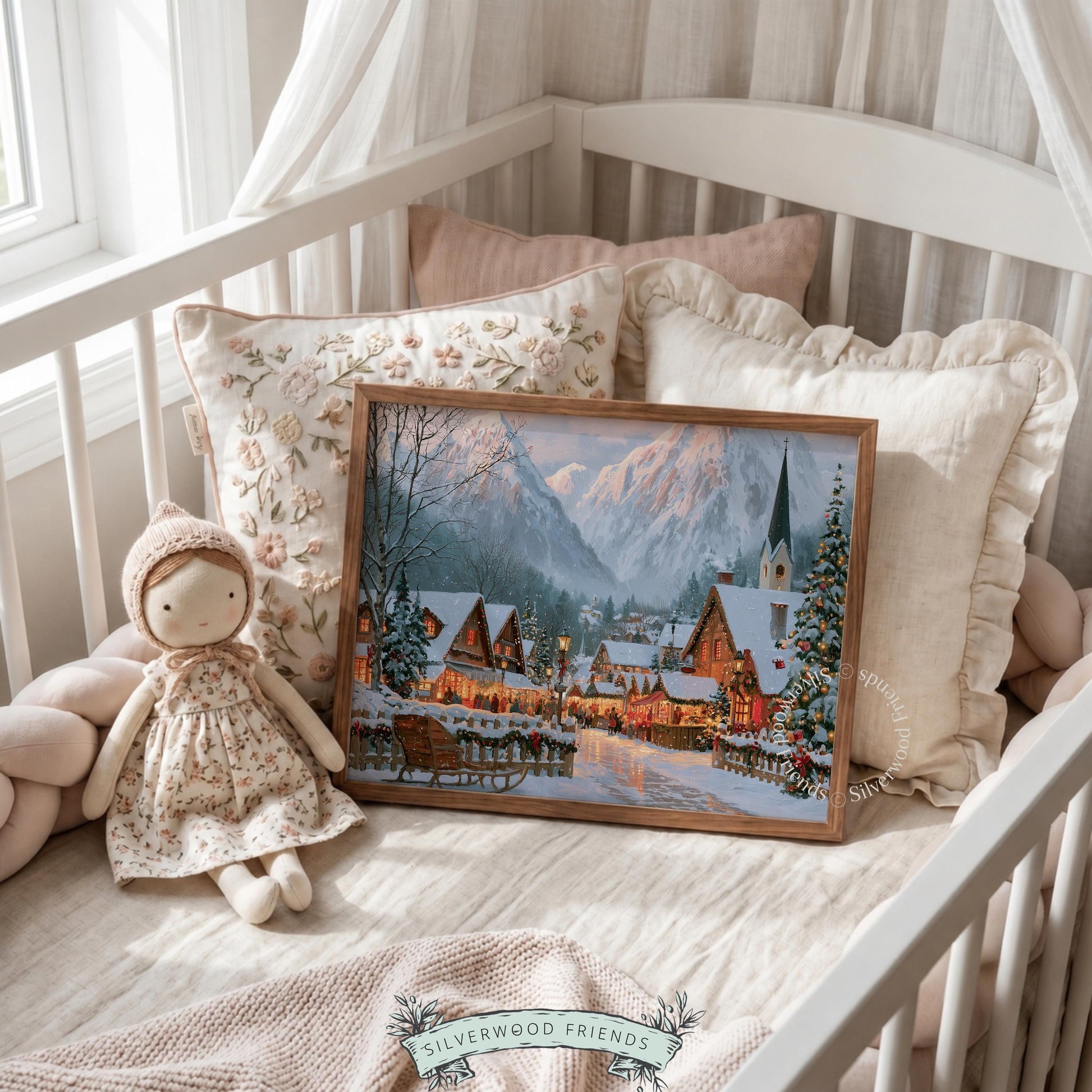 Romantic winter wonderland poster for farmhouse — picturesque alpine town with church spire rising above frosted wooden chalets