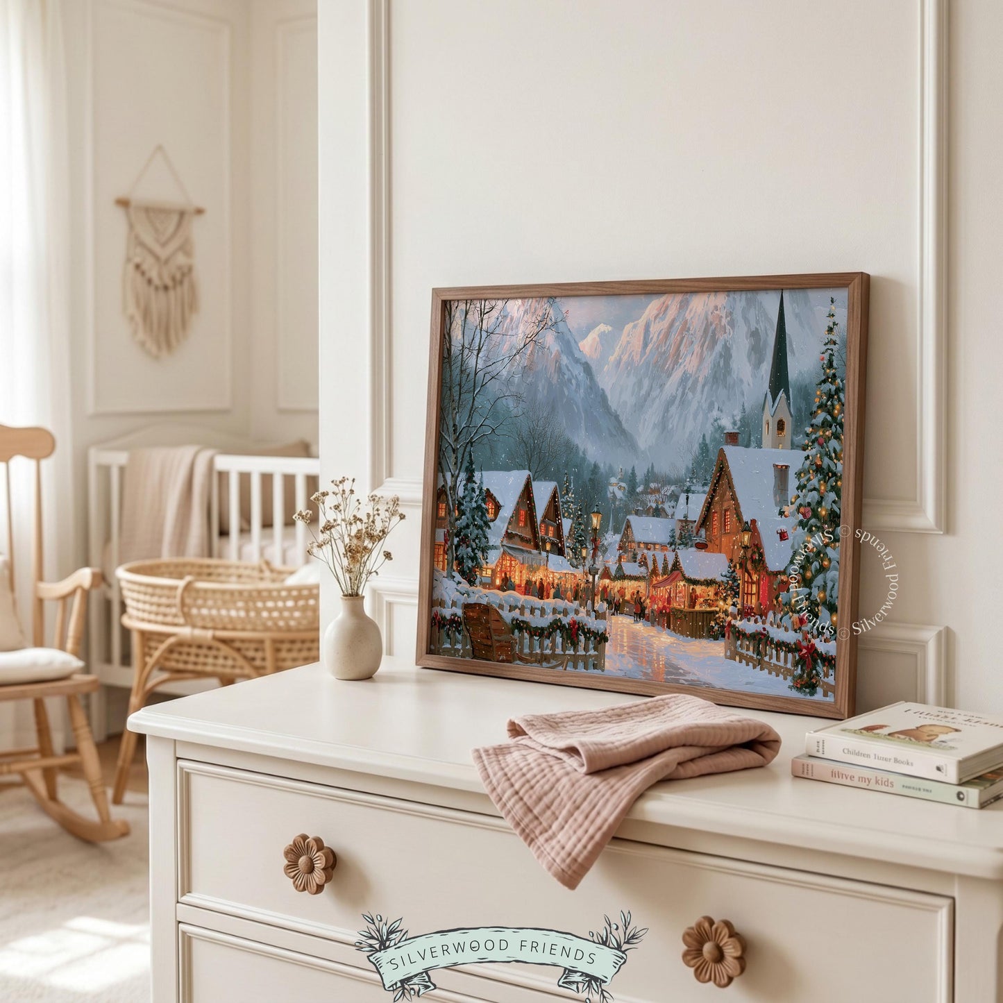 Vintage holiday mountain scene digital print for entryway — cozy snow-covered chalet village with illuminated windows and classic festive charm