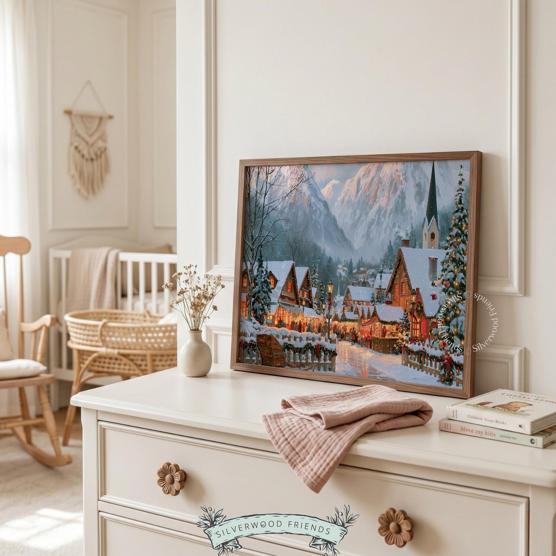 Vintage holiday mountain scene digital print for entryway — cozy snow-covered chalet village with illuminated windows and classic festive charm