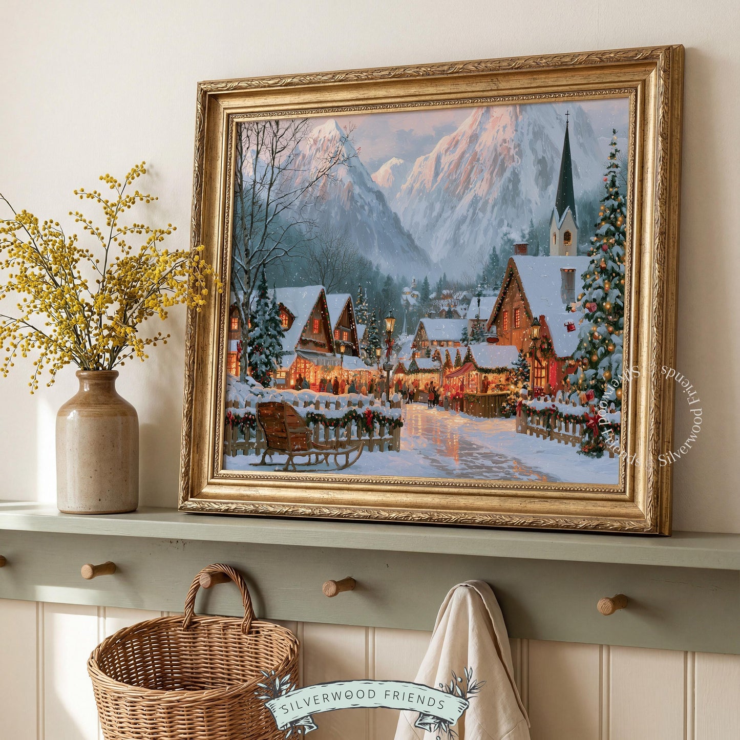 Traditional Christmas landscape picture printable art for bedroom — hand-painted style snowy town with cozy architectural details and seasonal light