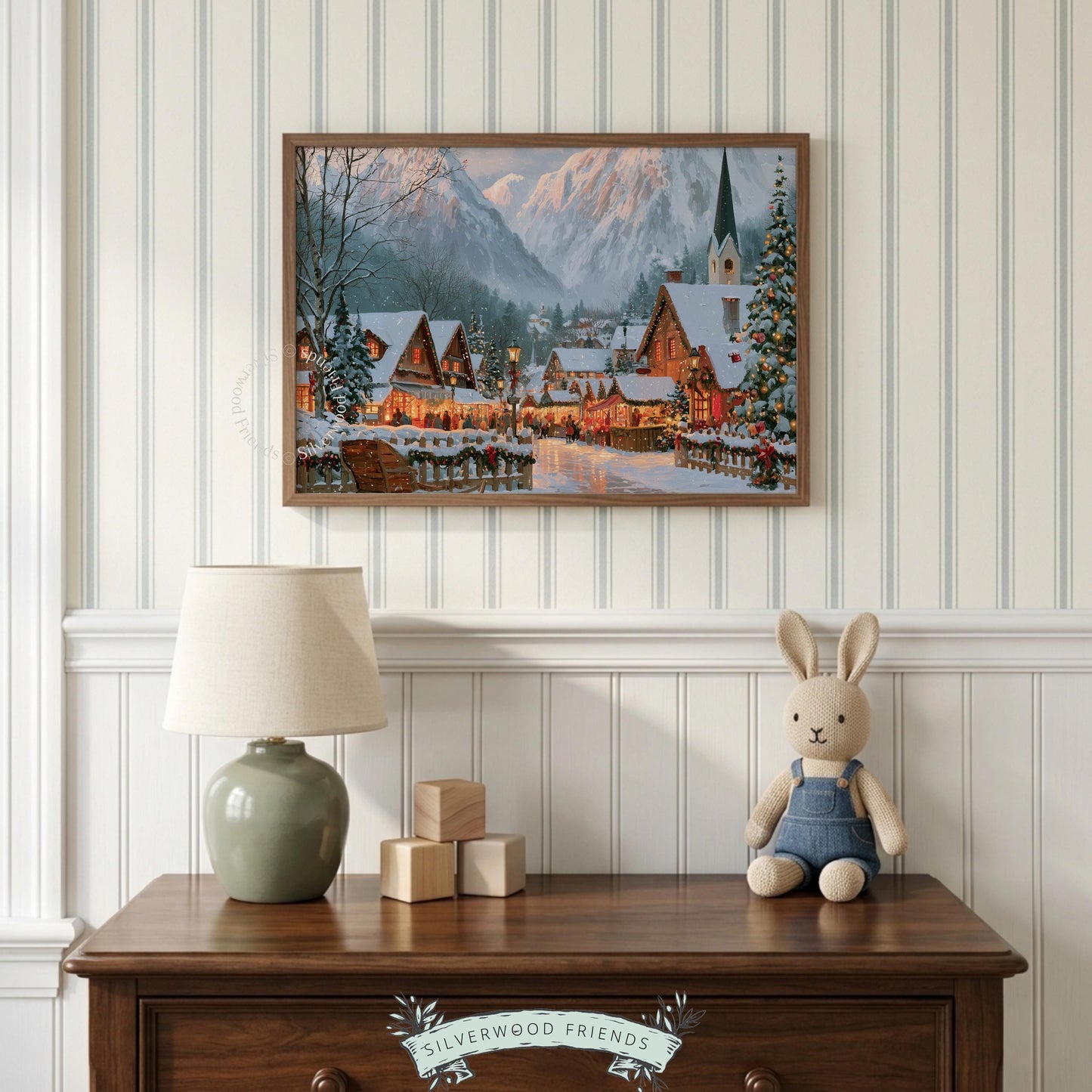 Snowy European town digital print for family room — peaceful alpine setting with sleigh, festive lights, and dramatic peaks