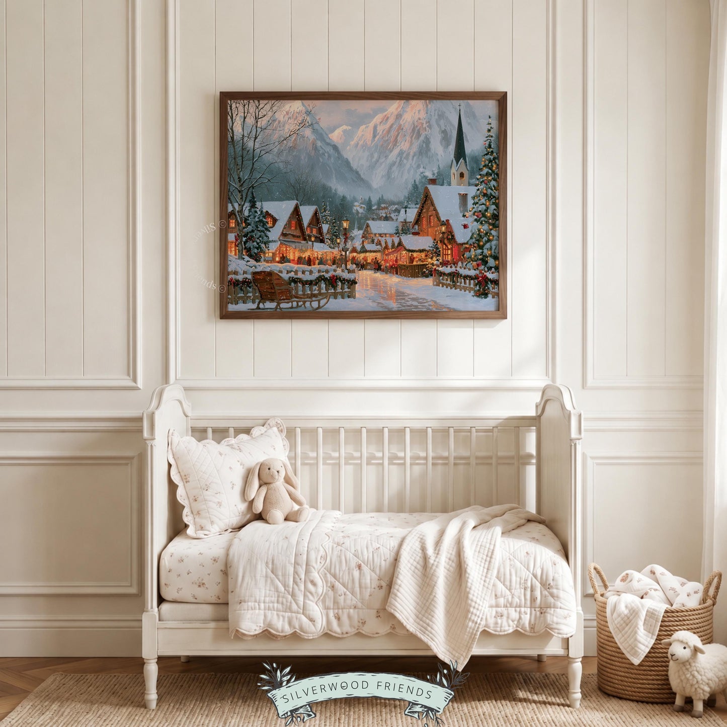 Cottagecore holiday artwork for seasonal home display — charming frozen alpine town with soft brushwork, festive lights, and warm nostalgic feel