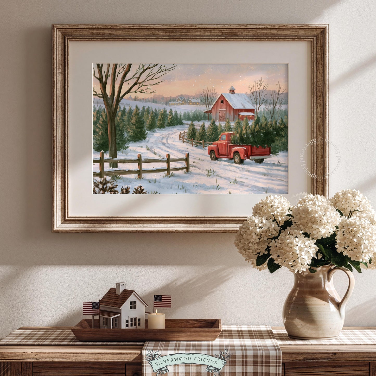 Nostalgic country Christmas poster for hallway — painterly rural composition with bare trees, barn, and frost-covered landscape