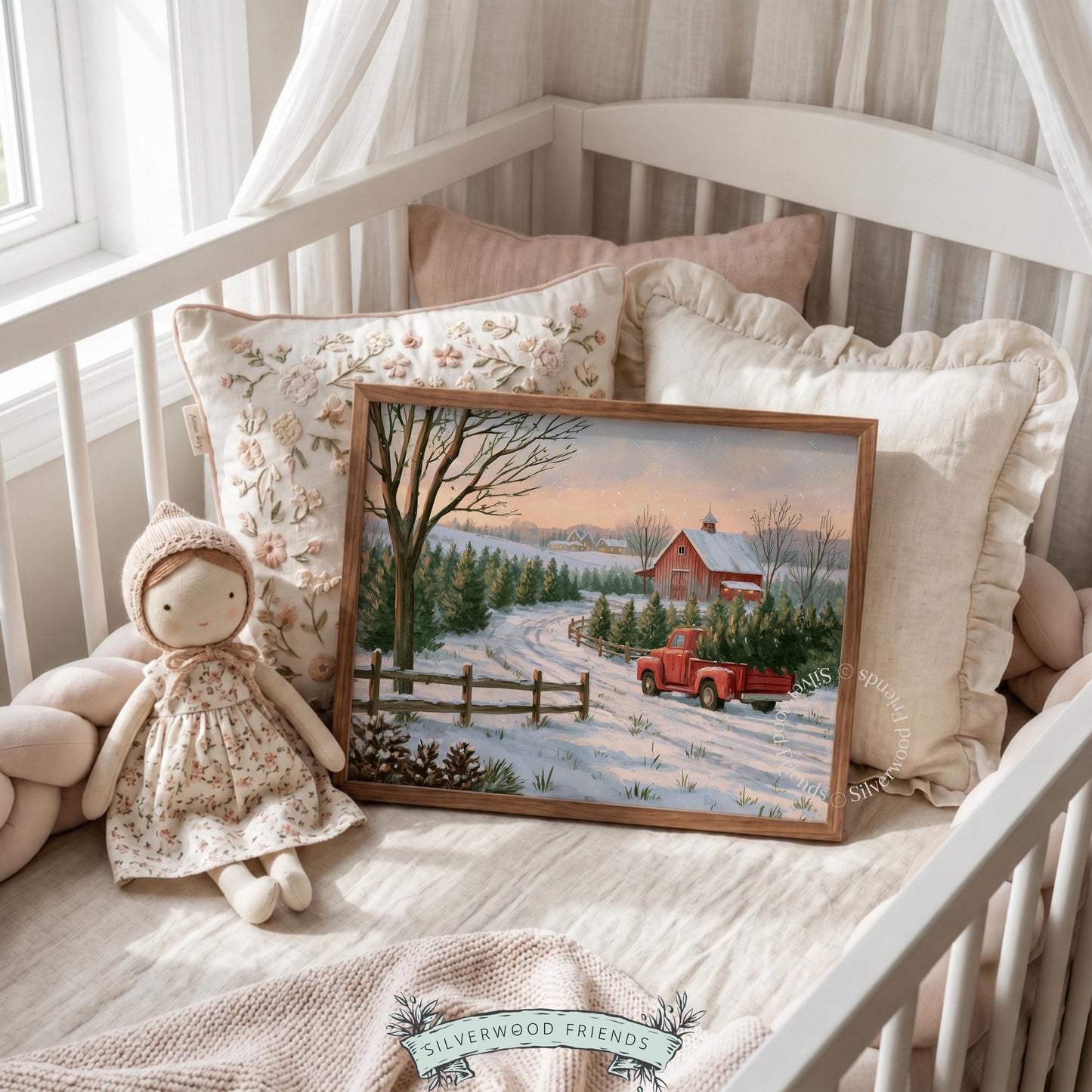 Holiday ranch scene poster for cabin — vintage painterly style featuring truck loaded with freshly harvested evergreen