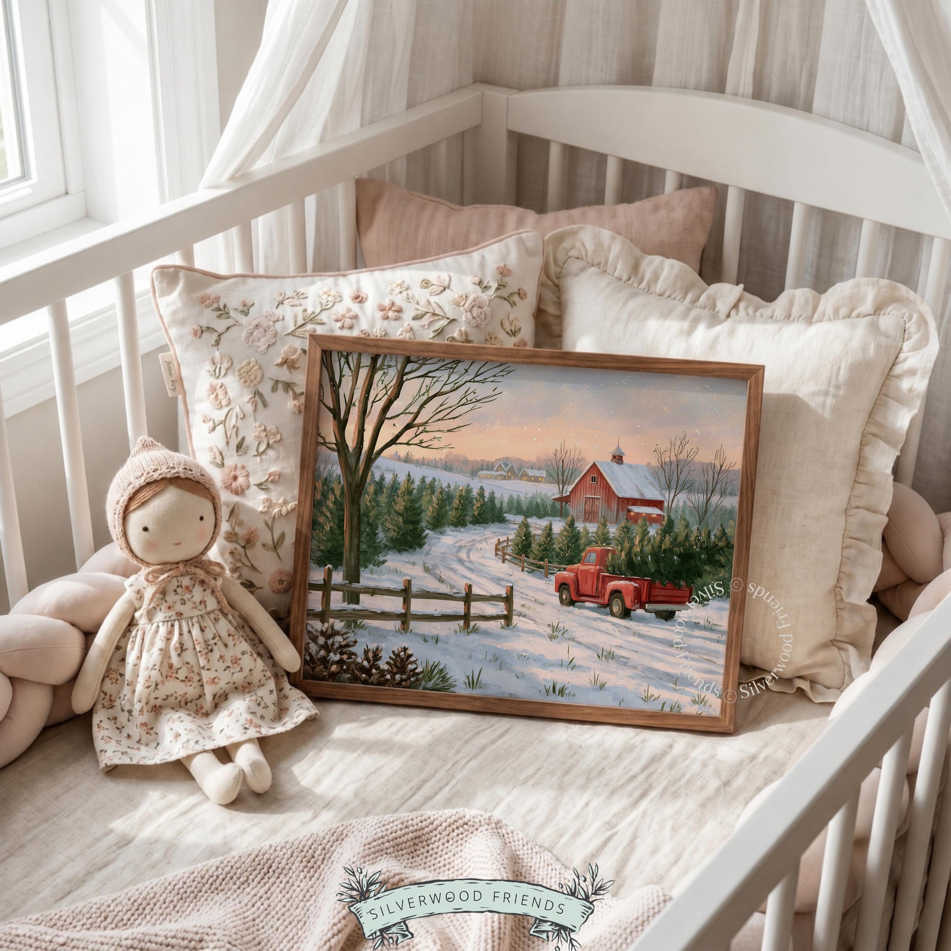Holiday ranch scene poster for cabin — vintage painterly style featuring truck loaded with freshly harvested evergreen