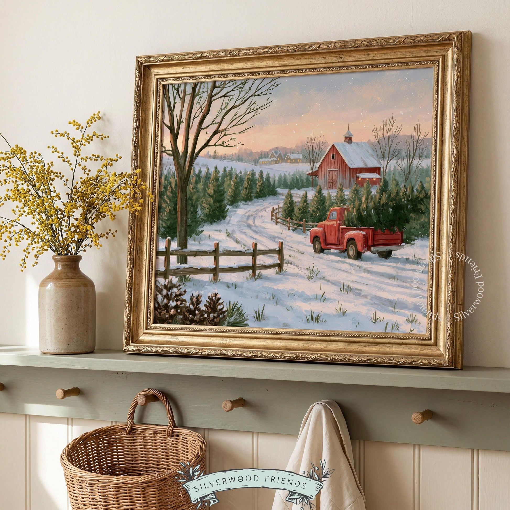 Peaceful snowy landscape printable art for family room — nostalgic harvest scene with weathered barn and vintage pickup