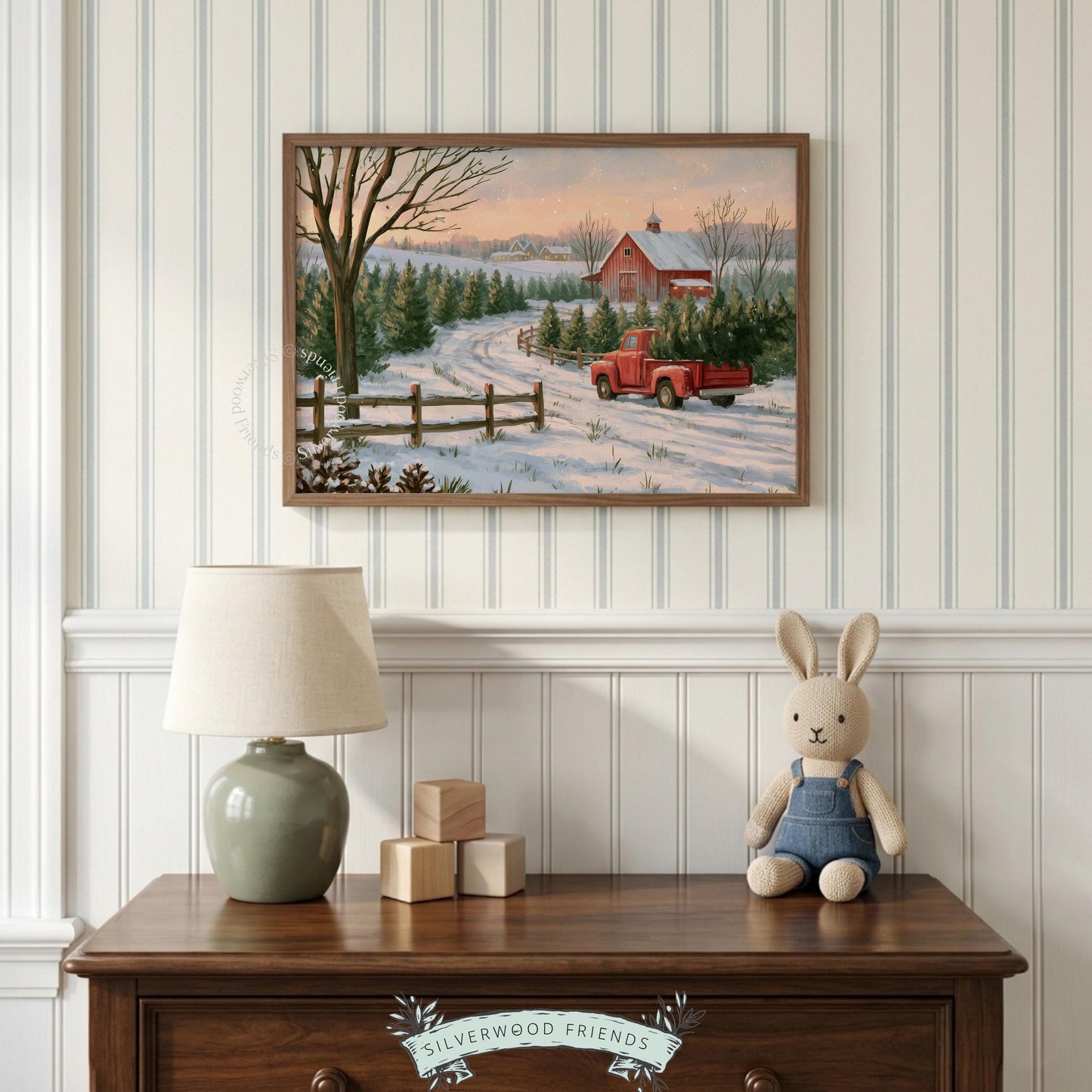 Rustic Christmas truck painting gallery wall art for den — cozy dusk setting among peaceful evergreen countryside
