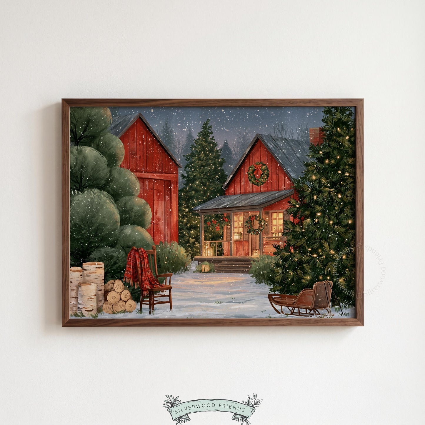 Holiday homestead artwork digital print — cozy twilight scene featuring traditional red barn and pine trees