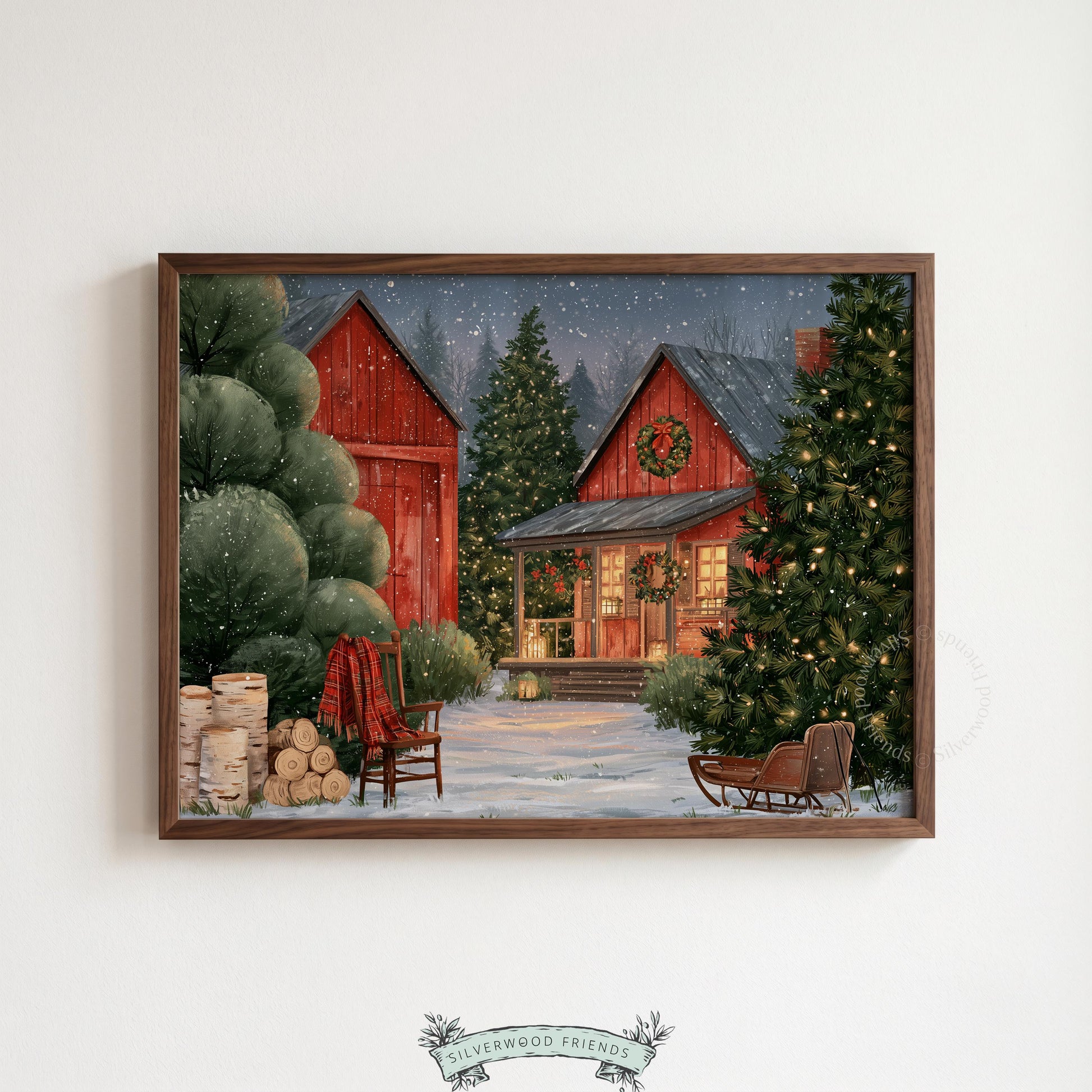 Holiday homestead artwork digital print — cozy twilight scene featuring traditional red barn and pine trees