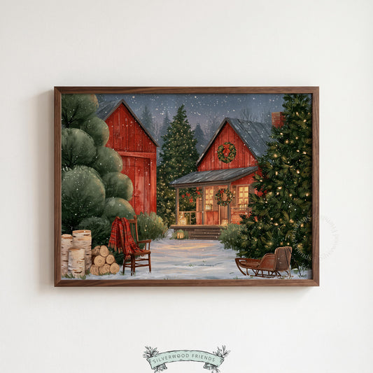 Holiday homestead artwork digital print — cozy twilight scene featuring traditional red barn and pine trees