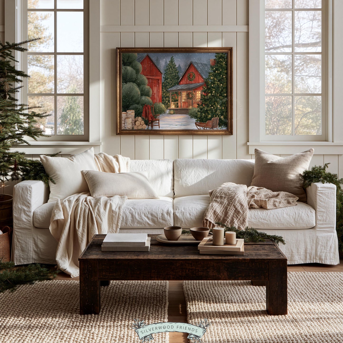 Vintage Christmas farm picture for nursery — peaceful twilight landscape with glowing red barn and peaceful mood