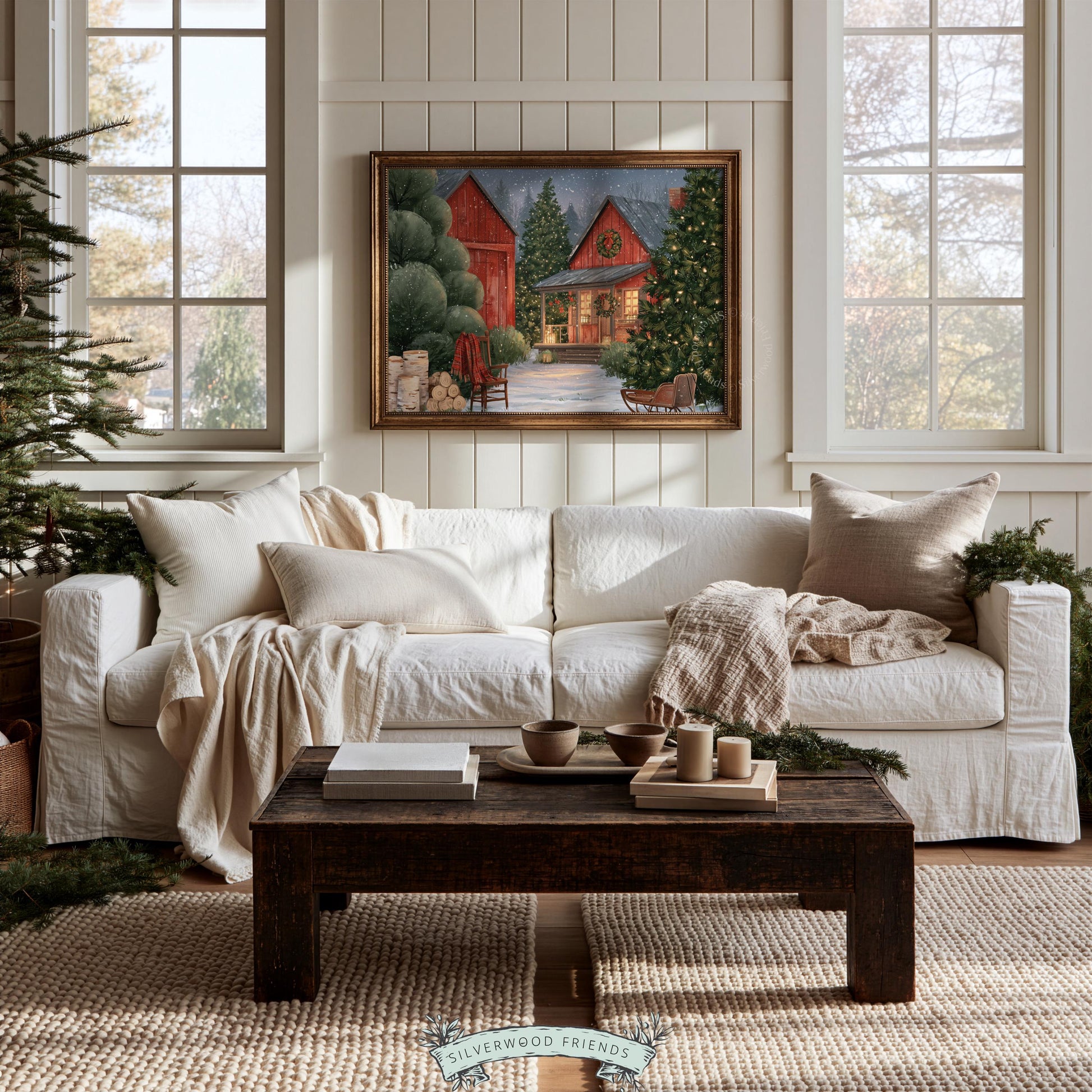 Vintage Christmas farm picture for nursery — peaceful twilight landscape with glowing red barn and peaceful mood