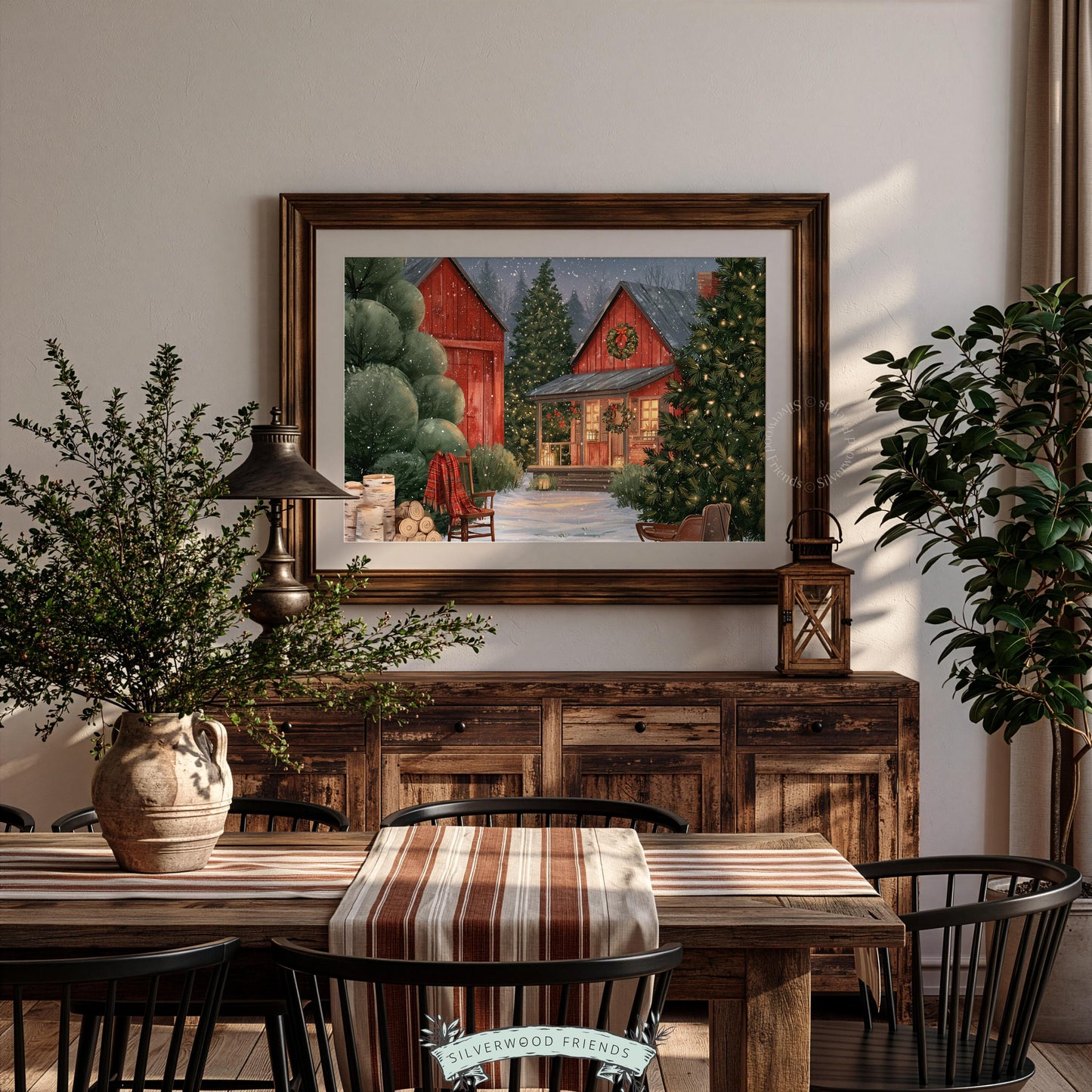 Winter wonderland barn artwork wall decor for bedroom — festive farmhouse with warm golden lights and deep blue sky