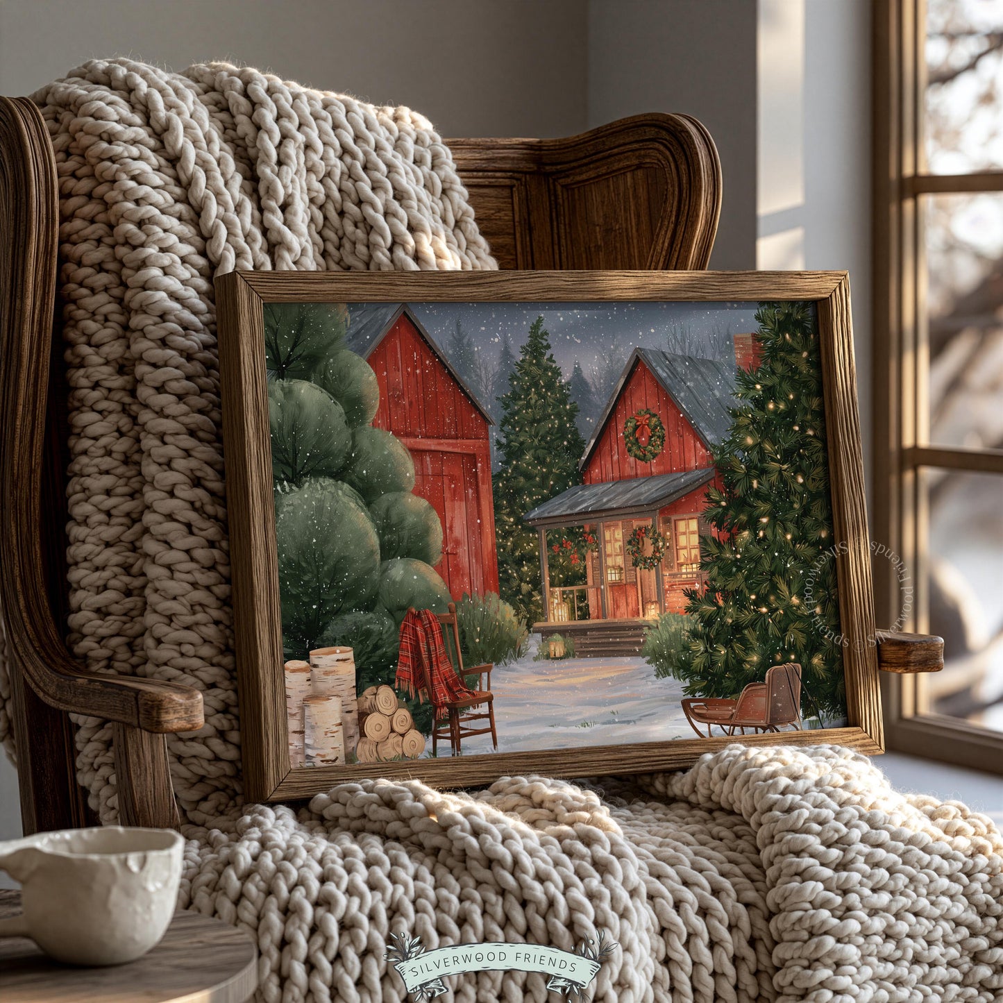 Rustic Christmas cottage picture for bedroom — warm storybook cabin surrounded by snow-dusted pines