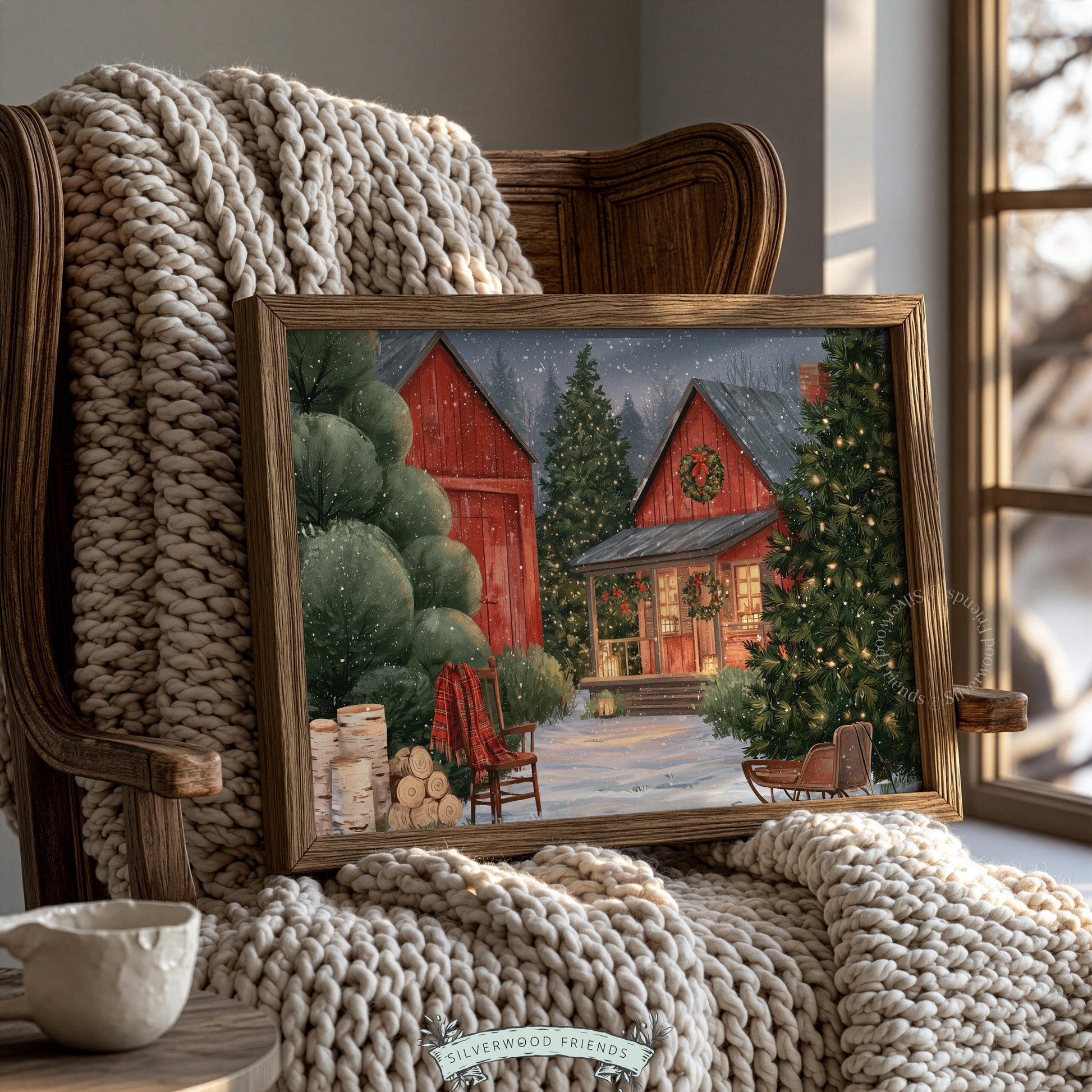 Rustic Christmas cottage picture for bedroom — warm storybook cabin surrounded by snow-dusted pines
