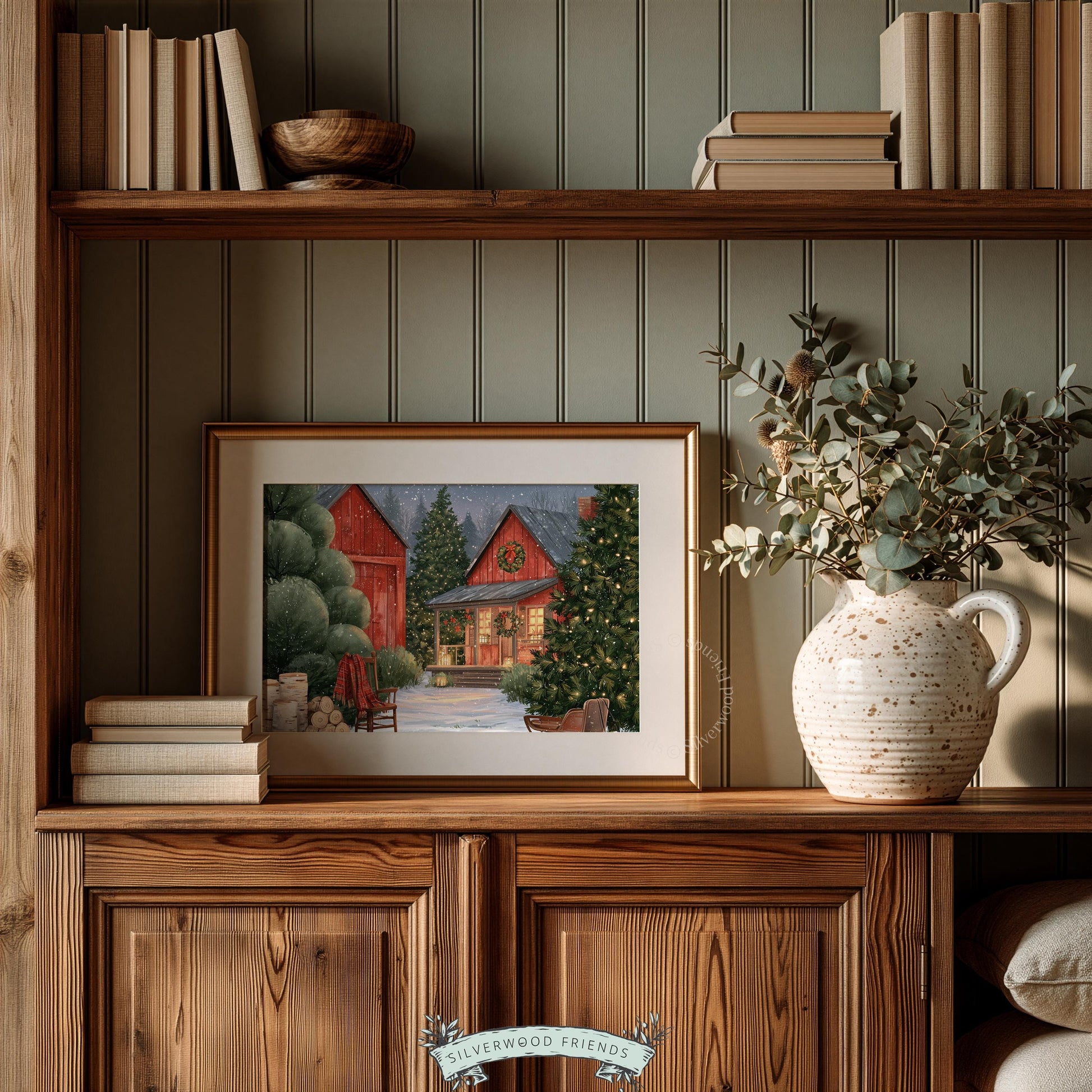 Storybook winter cabin painting printable art — warm cottage nestled among twinkling evergreens at dusk