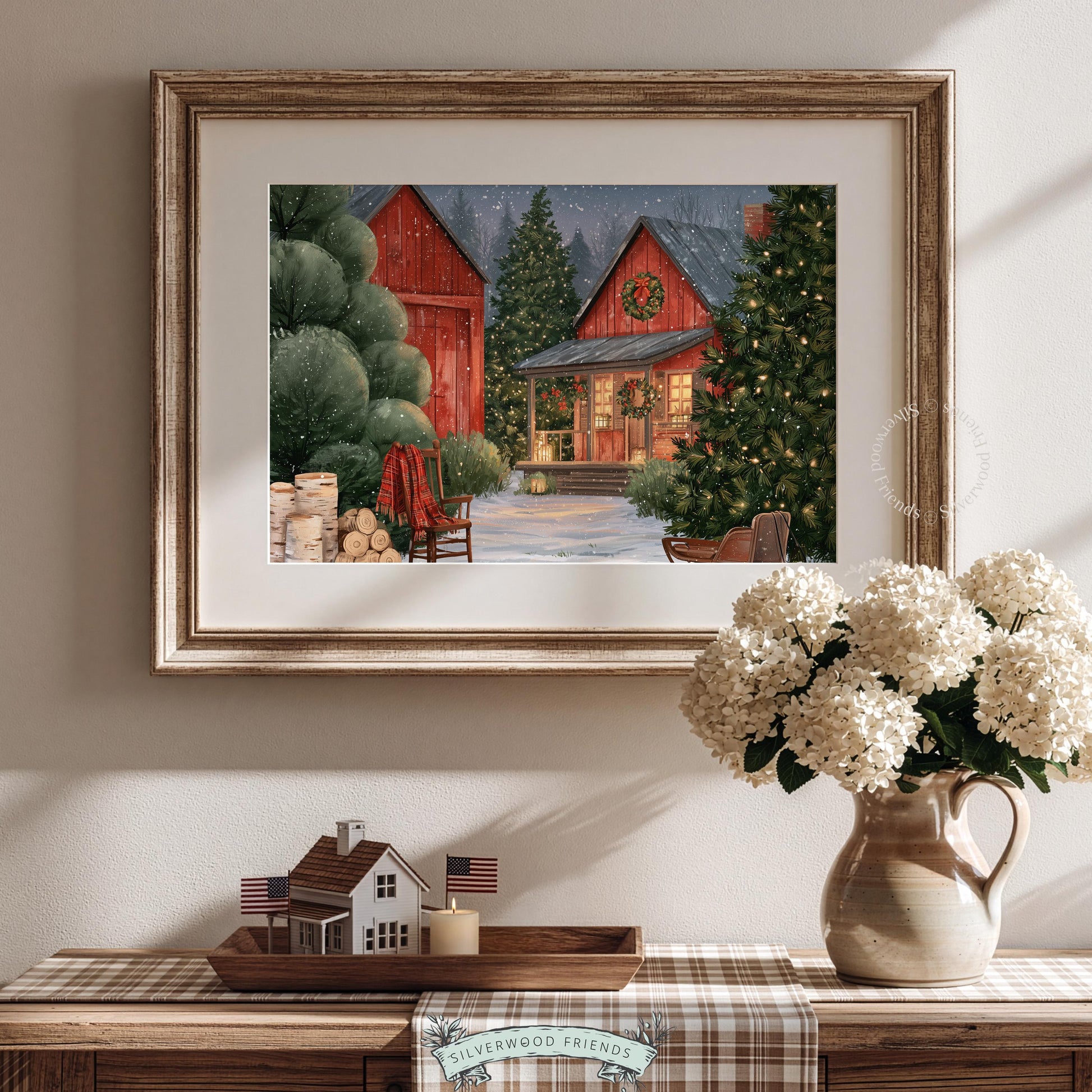 Winter cottage poster instant download for living room — intimate holiday farmhouse with warm interior lighting