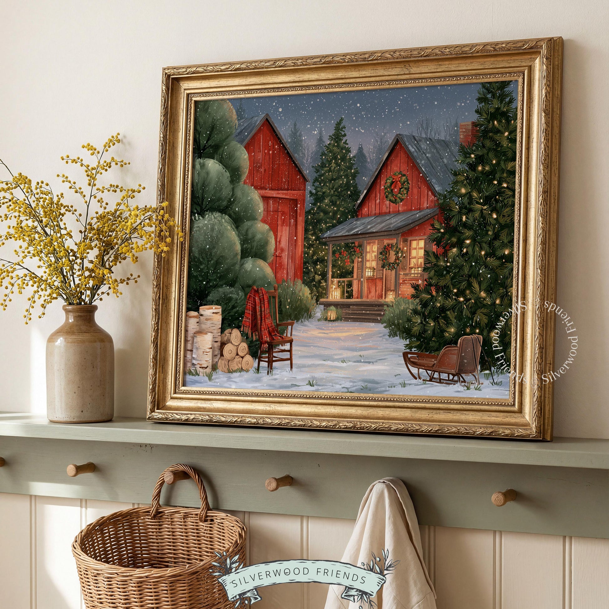 Twilight barn artwork instant download — cozy winter evening with wreath-adorned porch and soft snowfall
