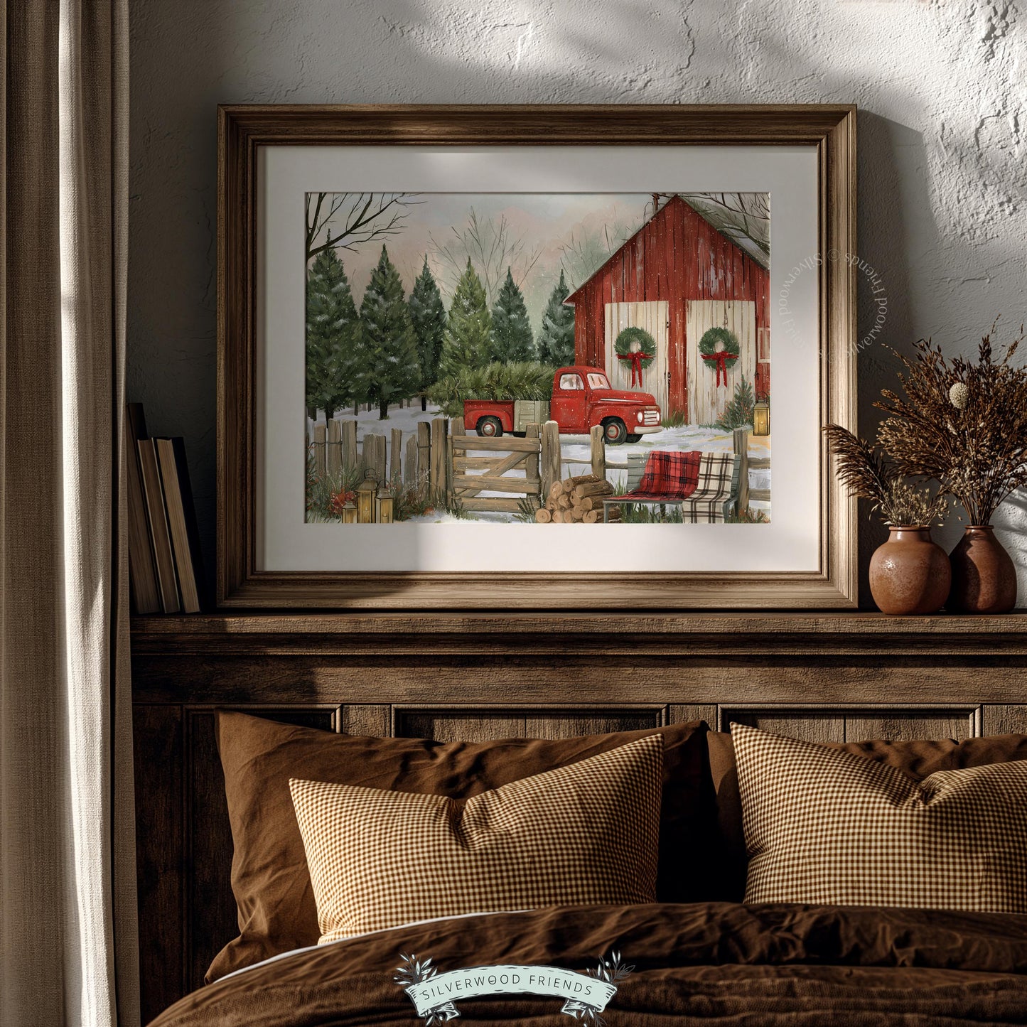 Holiday barn and pickup artwork instant download — peaceful rural Christmas scene with cottage feel