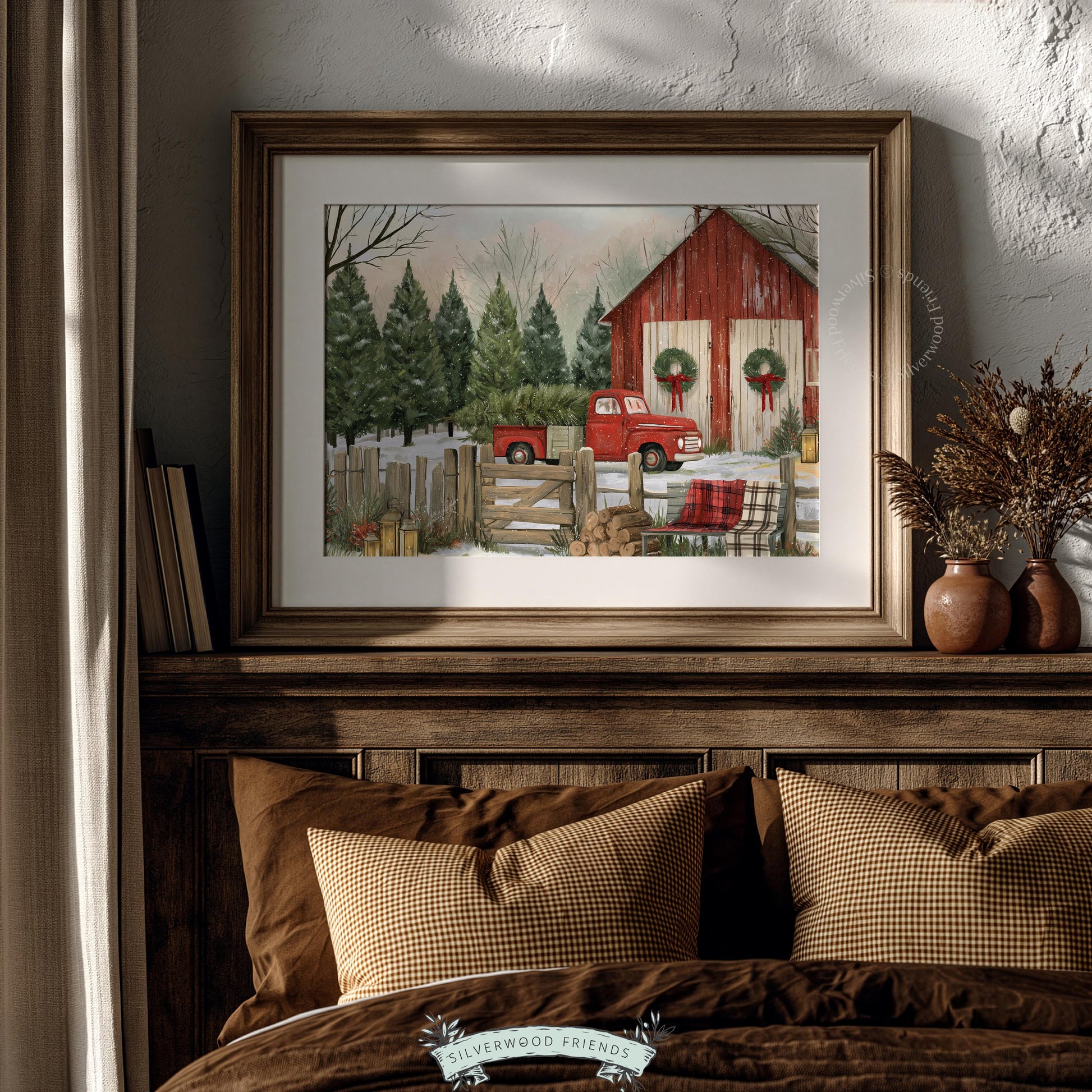 Holiday barn and pickup artwork instant download — peaceful rural Christmas scene with cottage feel