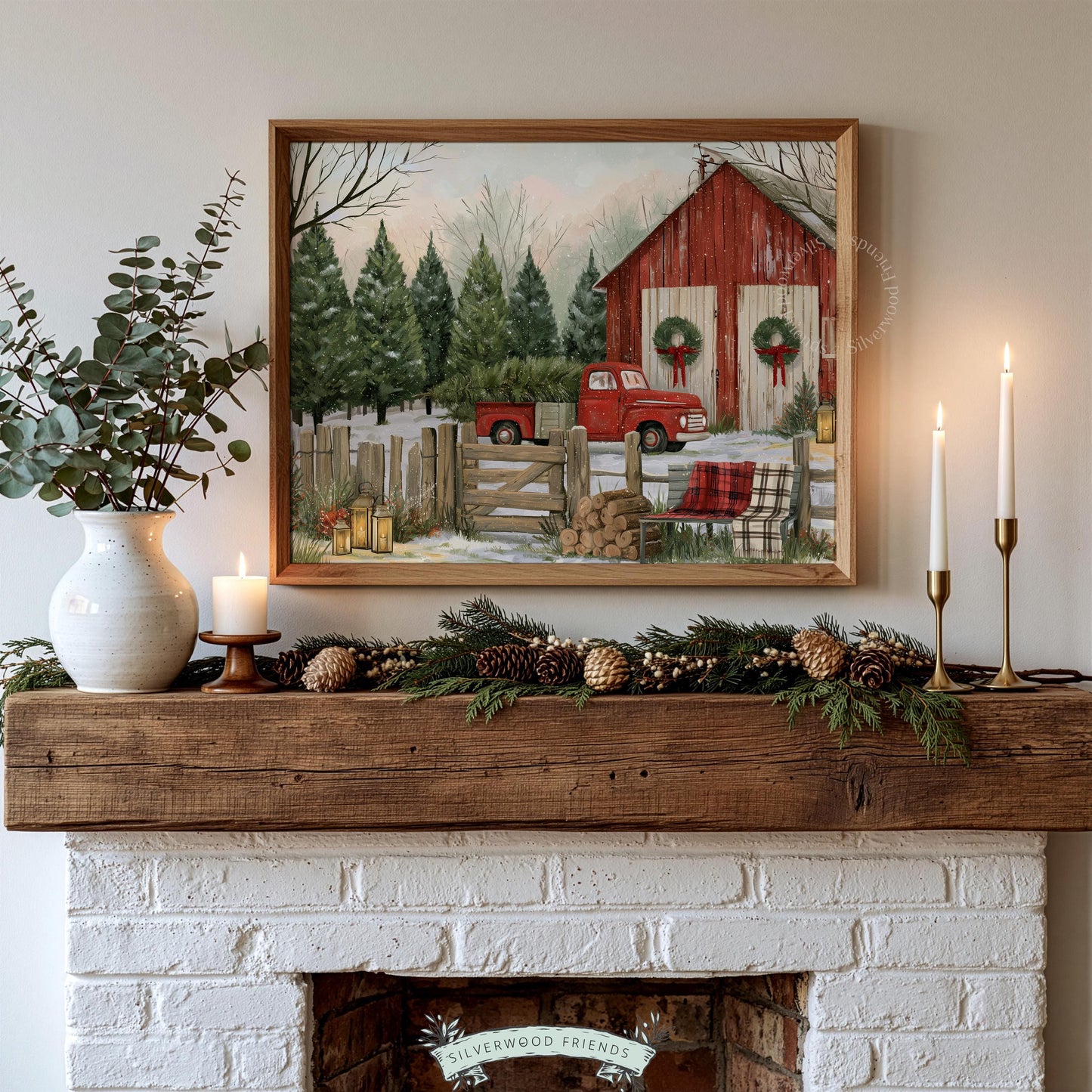 Vintage winter wonderland picture for country decor — festive truck scene with rustic barn and snow