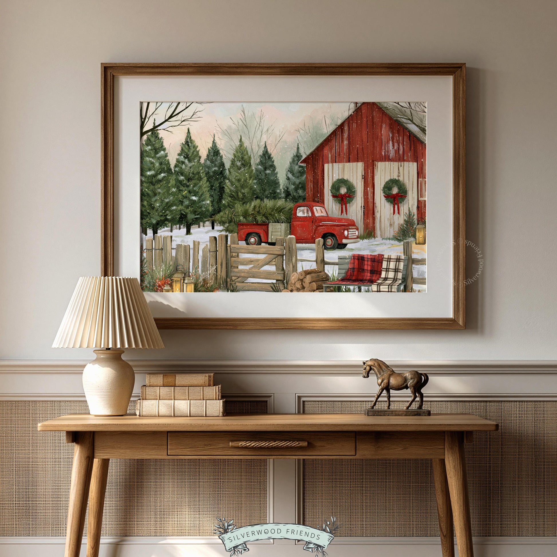 Farmhouse holiday wall decor print for dining room — vintage truck surrounded by snow-dusted trees