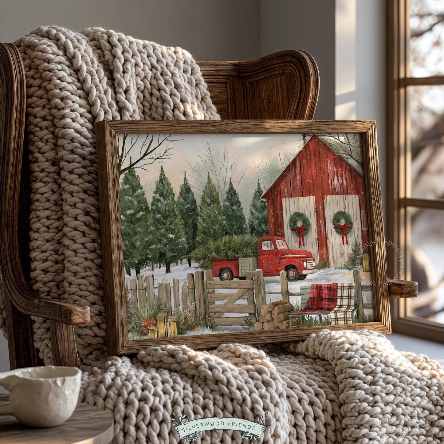 Farmhouse Christmas poster for family room — rustic red barn, classic truck, and pine tree backdrop